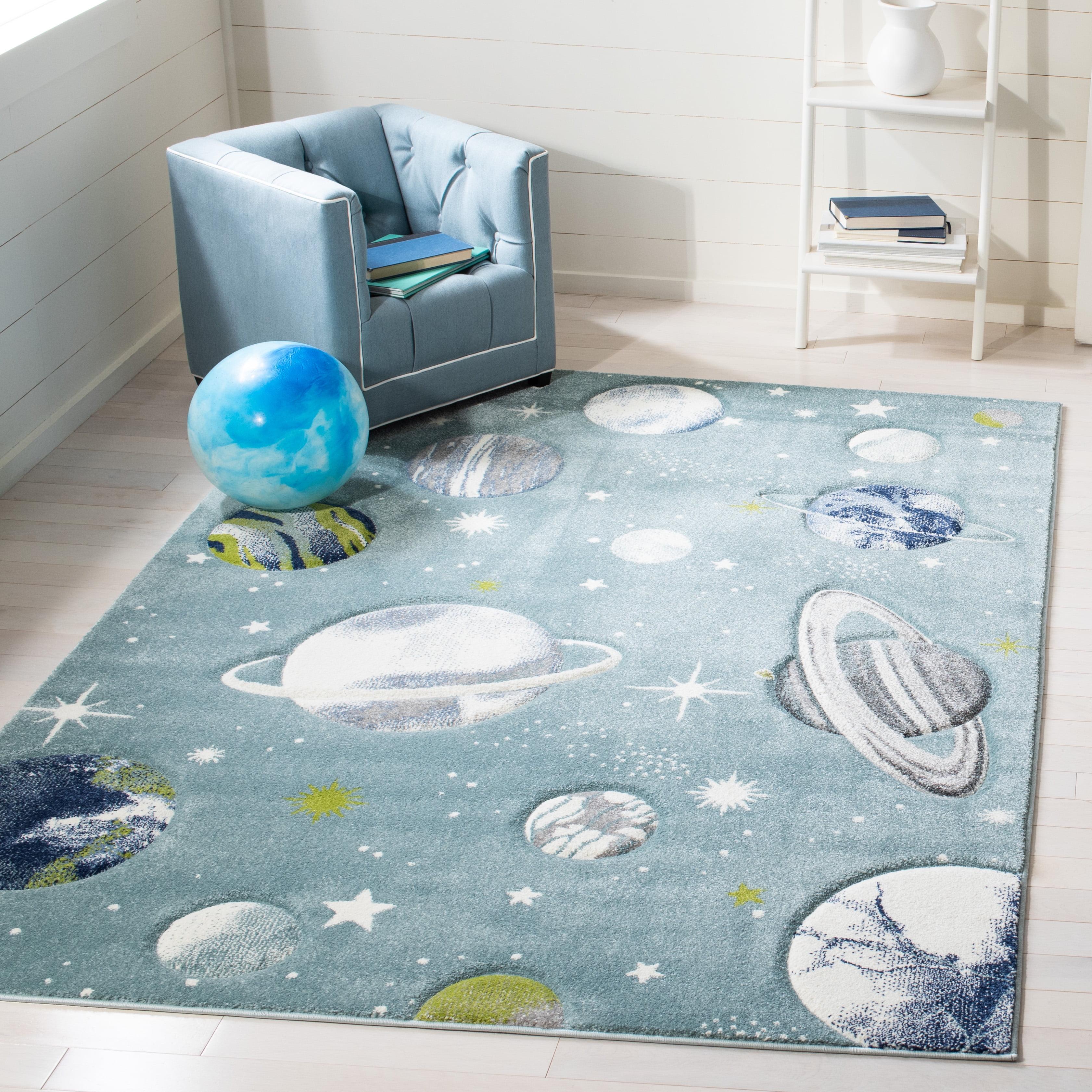 Teal and Ivory Round Kids Planet Rug, 5'3" x 7'6", Synthetic