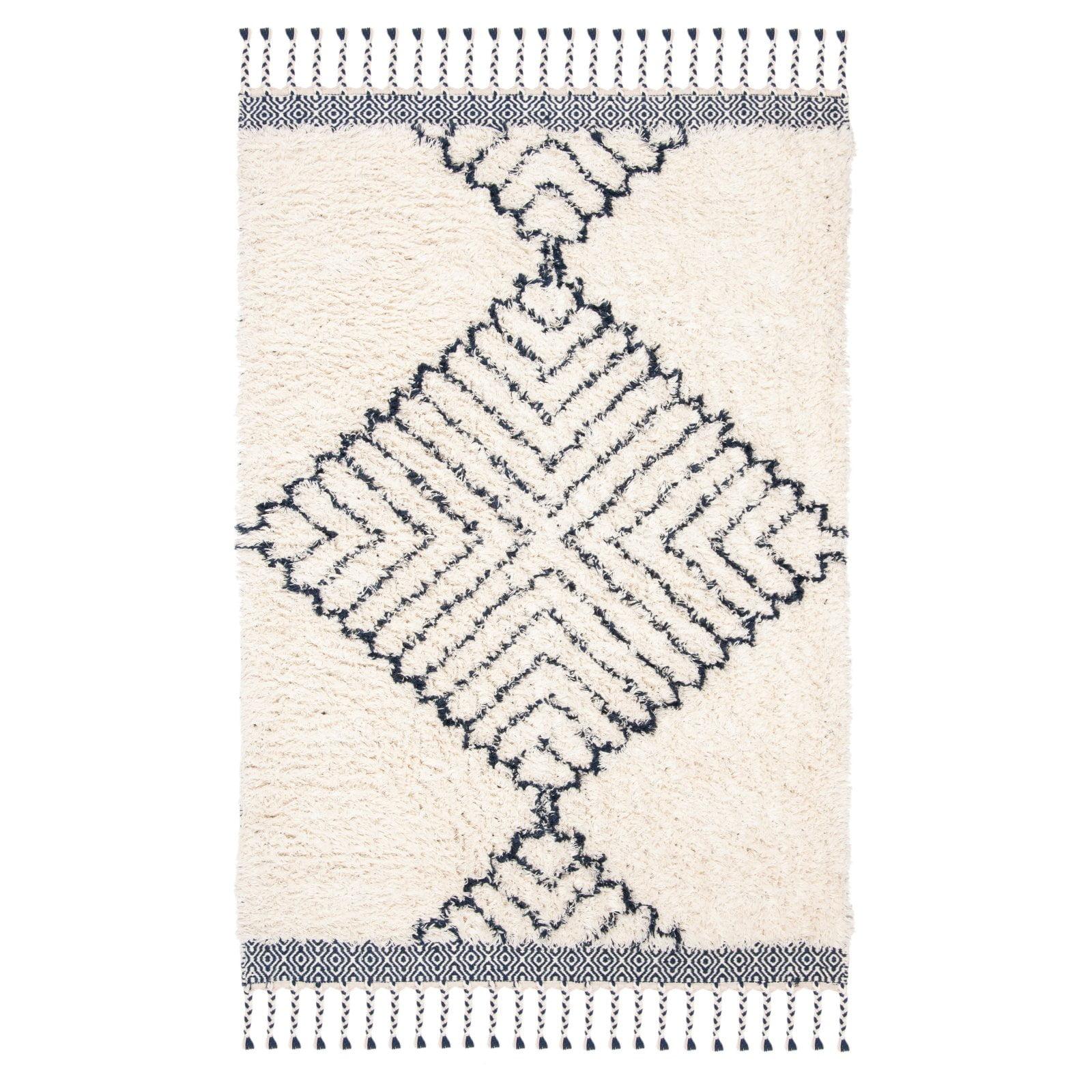 Ivory and Navy Hand-Tufted Wool Shag Area Rug, 4' x 6'