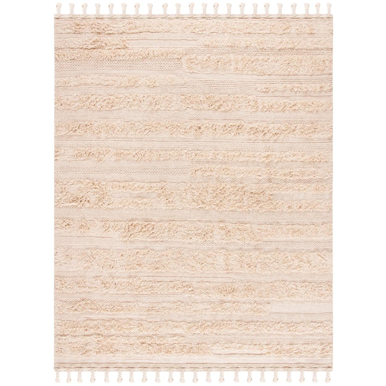 Handwoven Scandinavian Beige Wool 9' x 12' Area Rug with Fringe