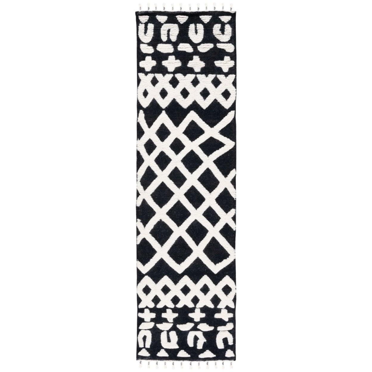 Black and Ivory Wool Hand-Knotted Aztec Runner Rug