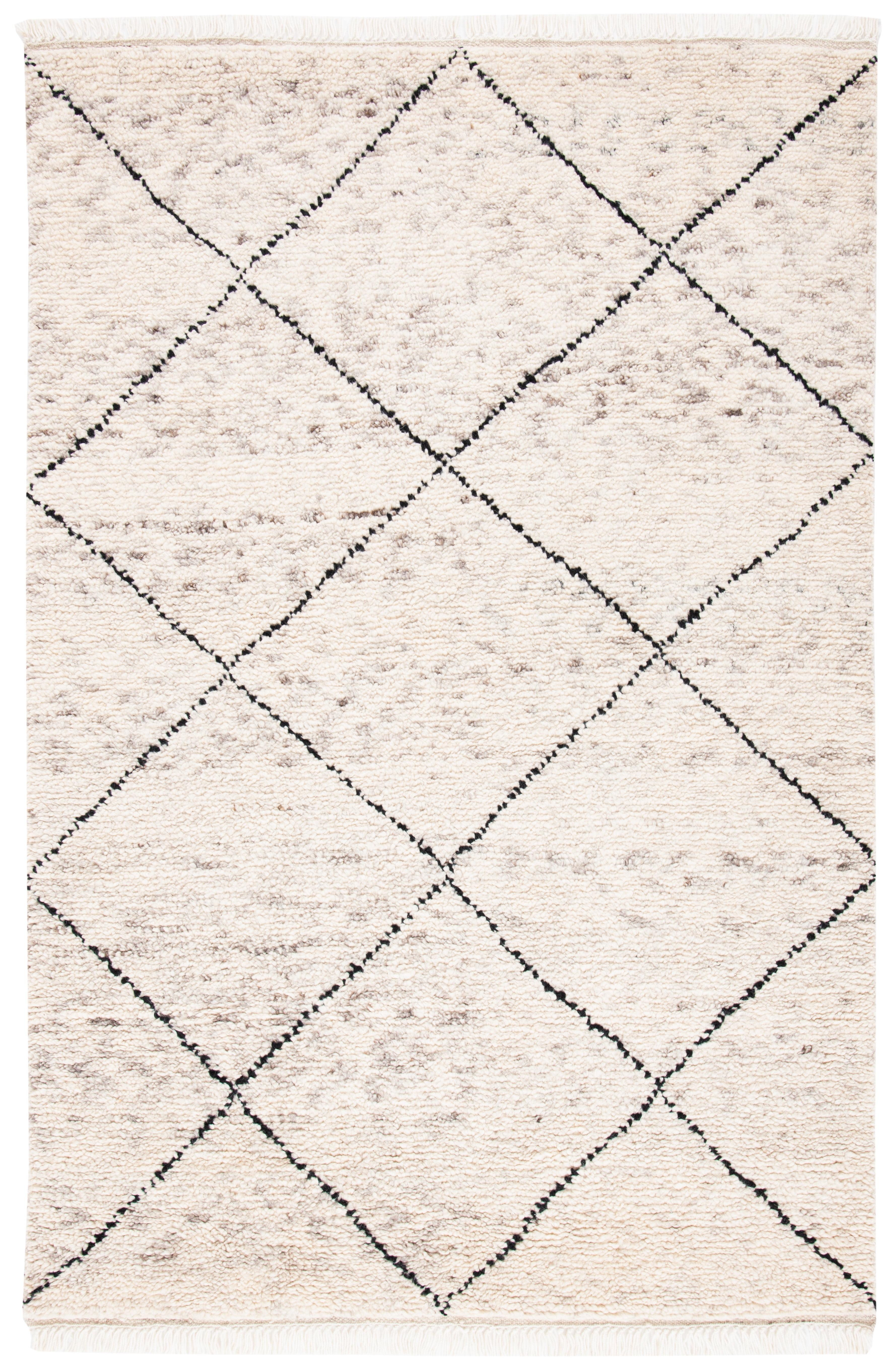 Ivory and Black Hand-Knotted Wool Shag Area Rug, 4' x 6'