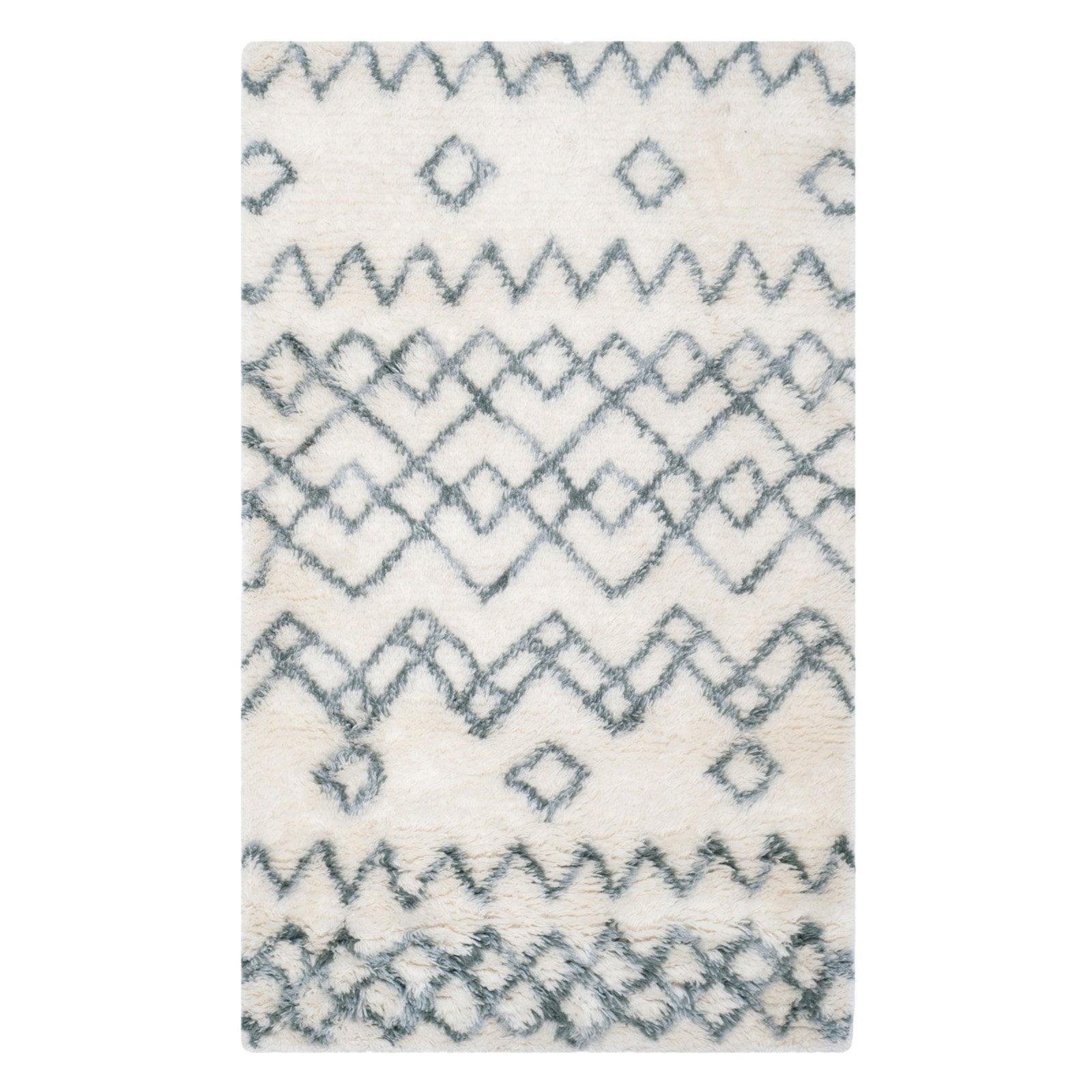 Ivory and Blue Hand-Tufted Wool Shag Rug, 8' x 10'