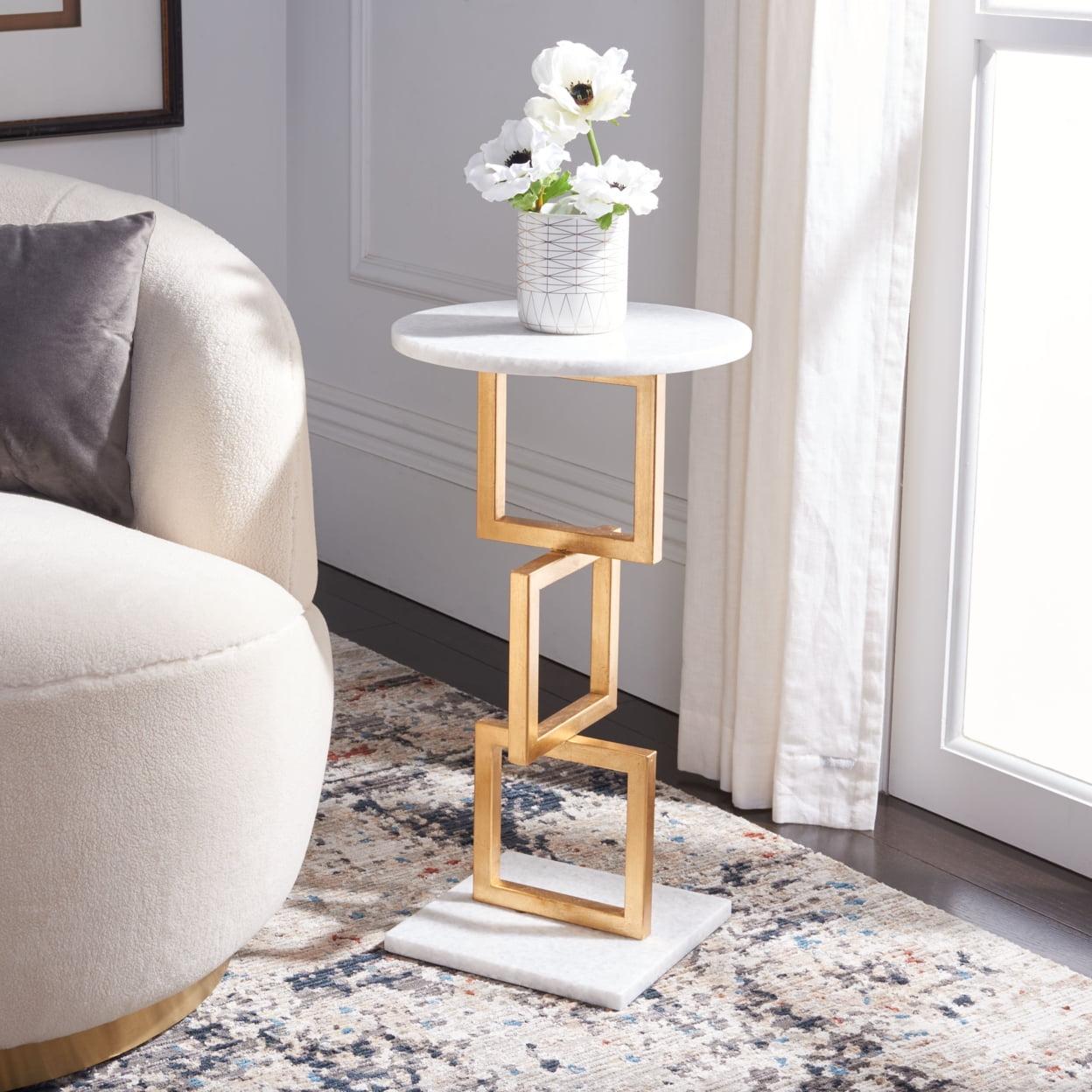 Elegant Transitional 13'' Round White Marble & Gold Metal Accent Table