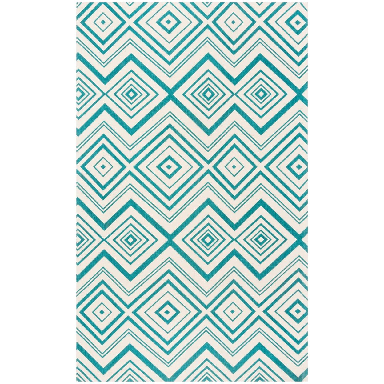 Ivory and Light Teal Geometric Cotton Flat-Weave Rug, 5' x 8'