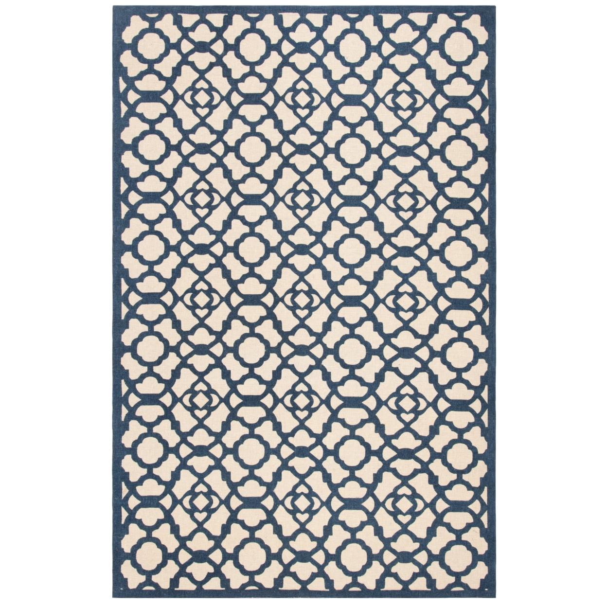 Ivory and Navy Floral Rectangular Wool Cotton Rug, 5' x 8'