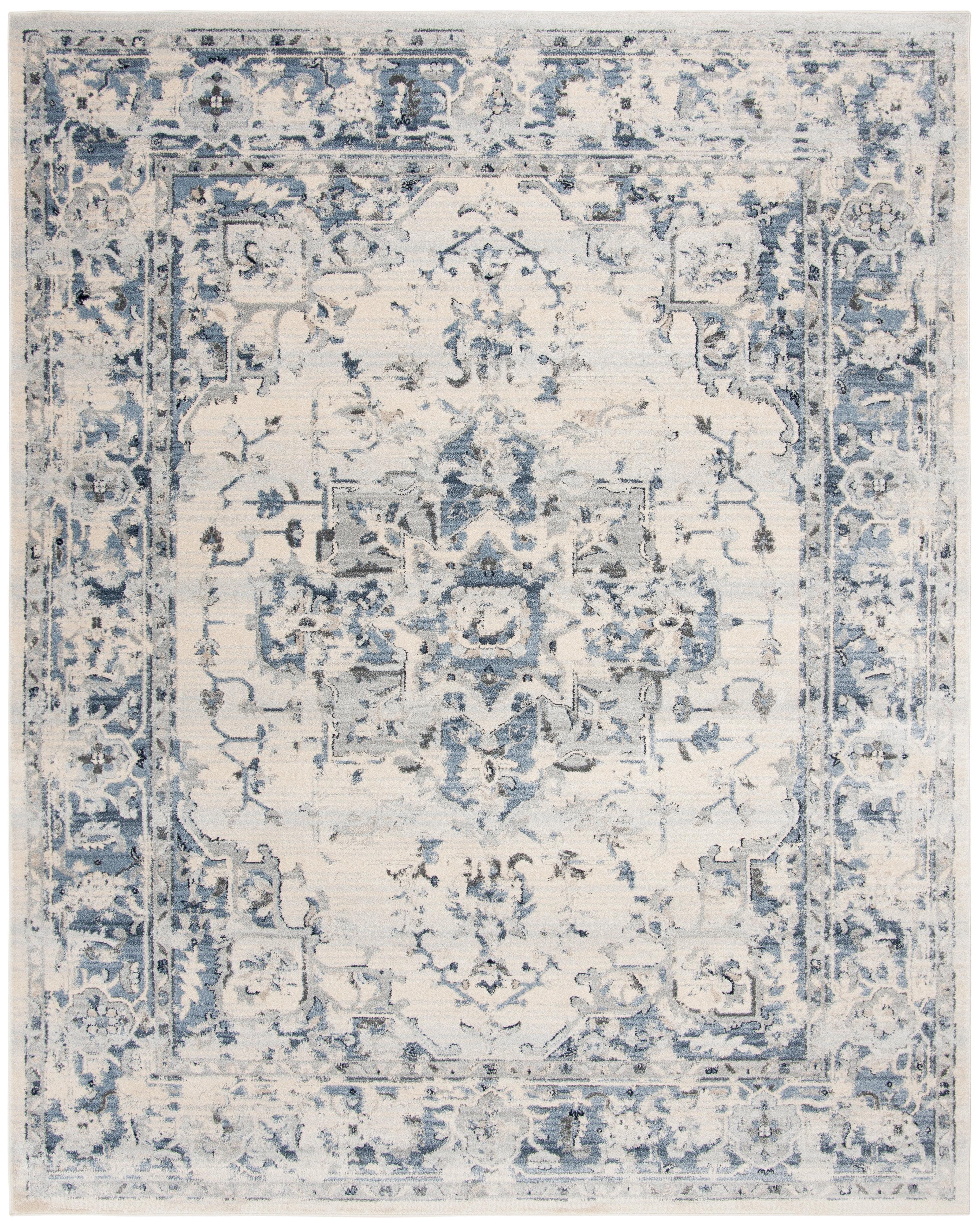 Ivory & Navy Distressed Oriental 9' x 12' Synthetic Area Rug