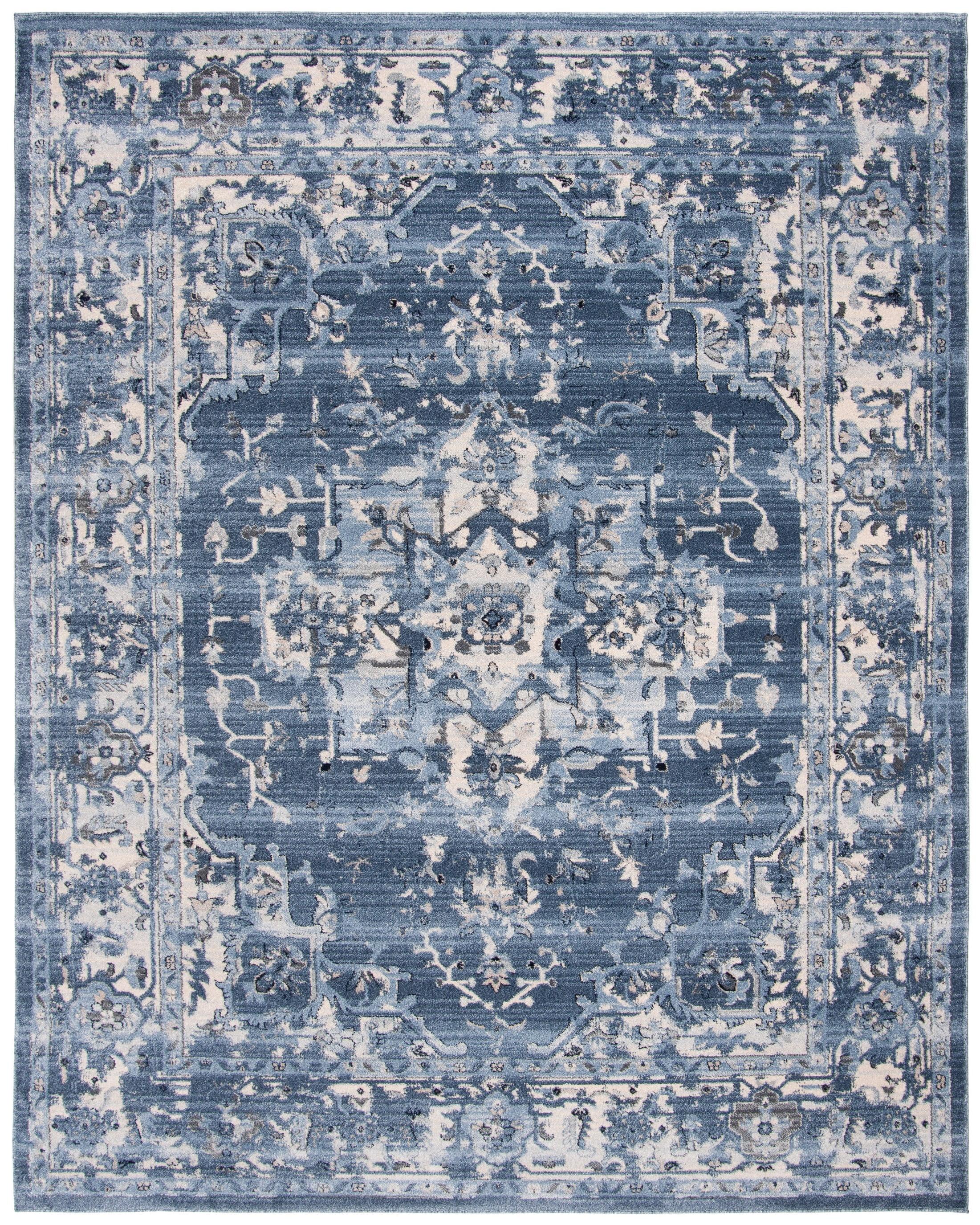 Blue Floral Motif Synthetic Low Pile Area Rug