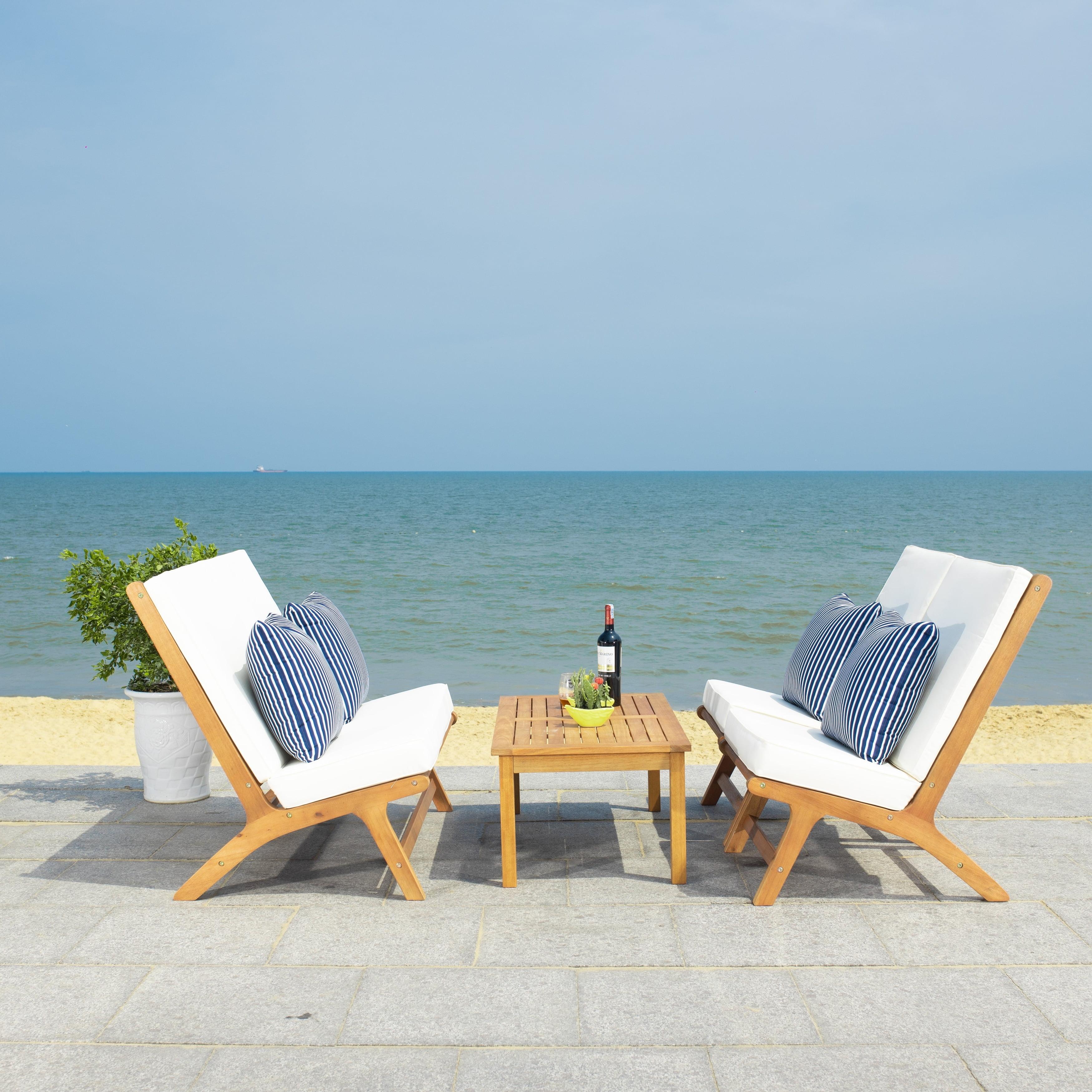 Chaston 4 Piece Living Set - Indoor/Outdoor - PAT7044 - Natural/Beige + Thin Stripe Pillow - Safavieh