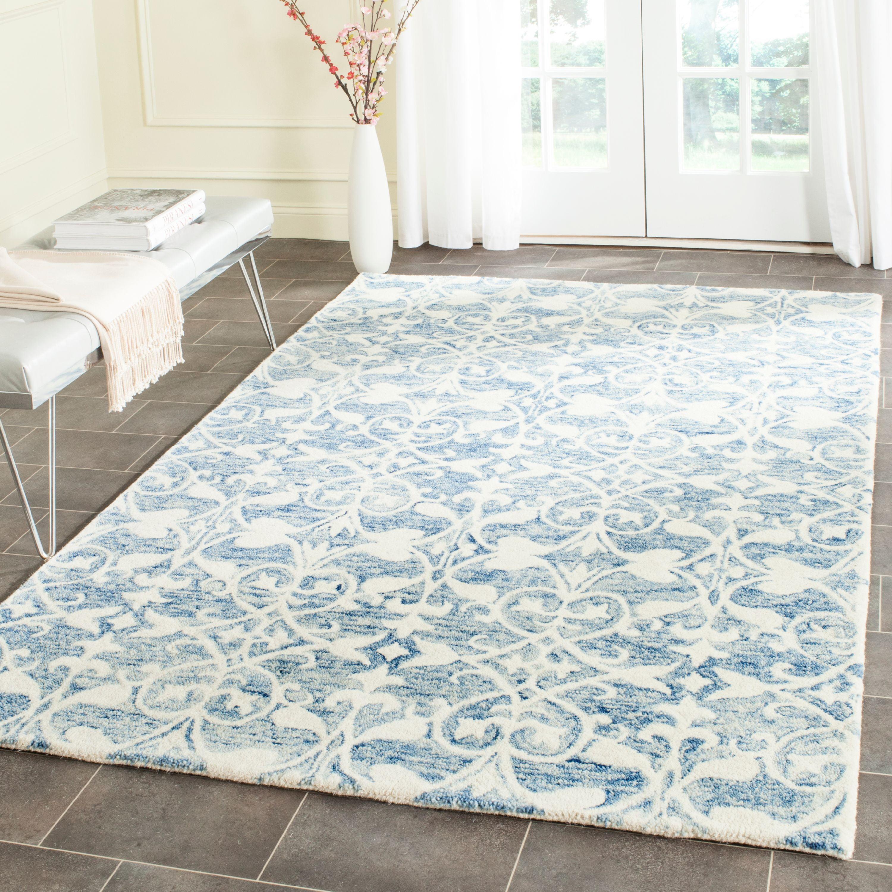 Ivory and Dark Blue Hand-Tufted Wool 4' x 6' Area Rug