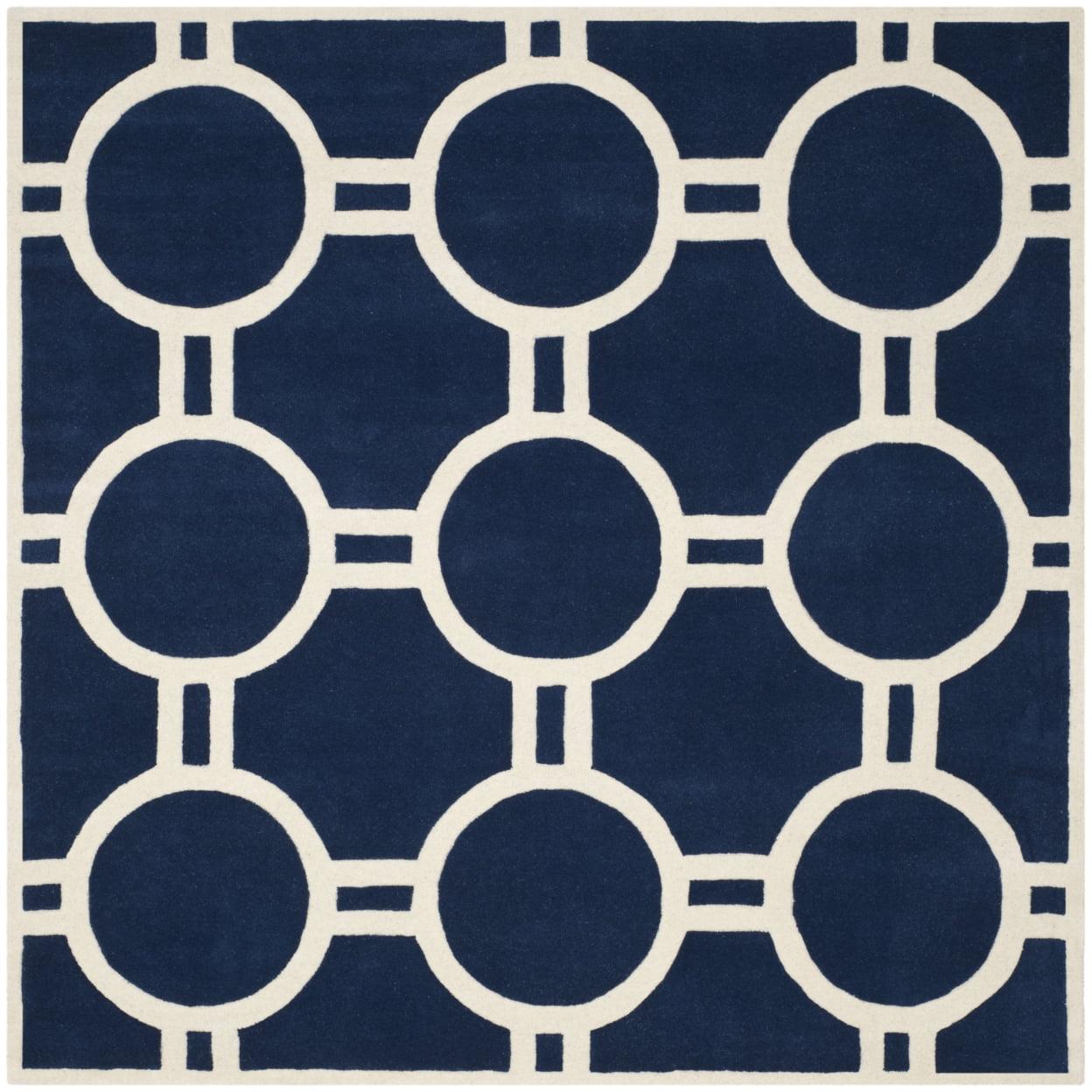 Handmade Dark Blue and Ivory Wool Square Rug