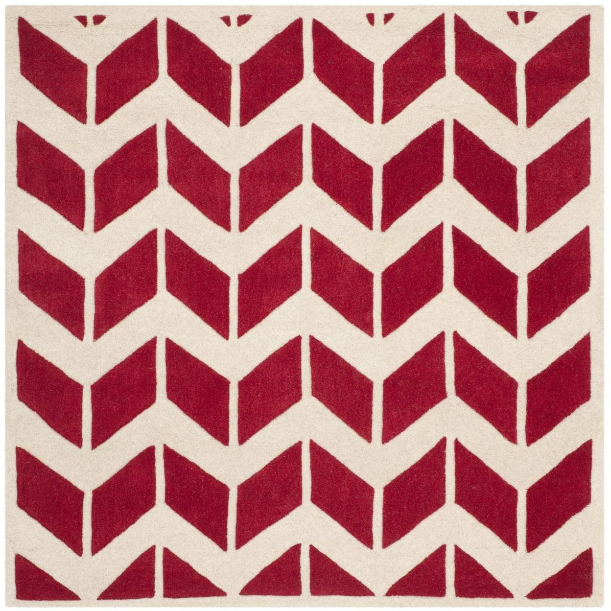 Hand-Tufted Square Red/Ivory Wool Rug 59" Non-Slip