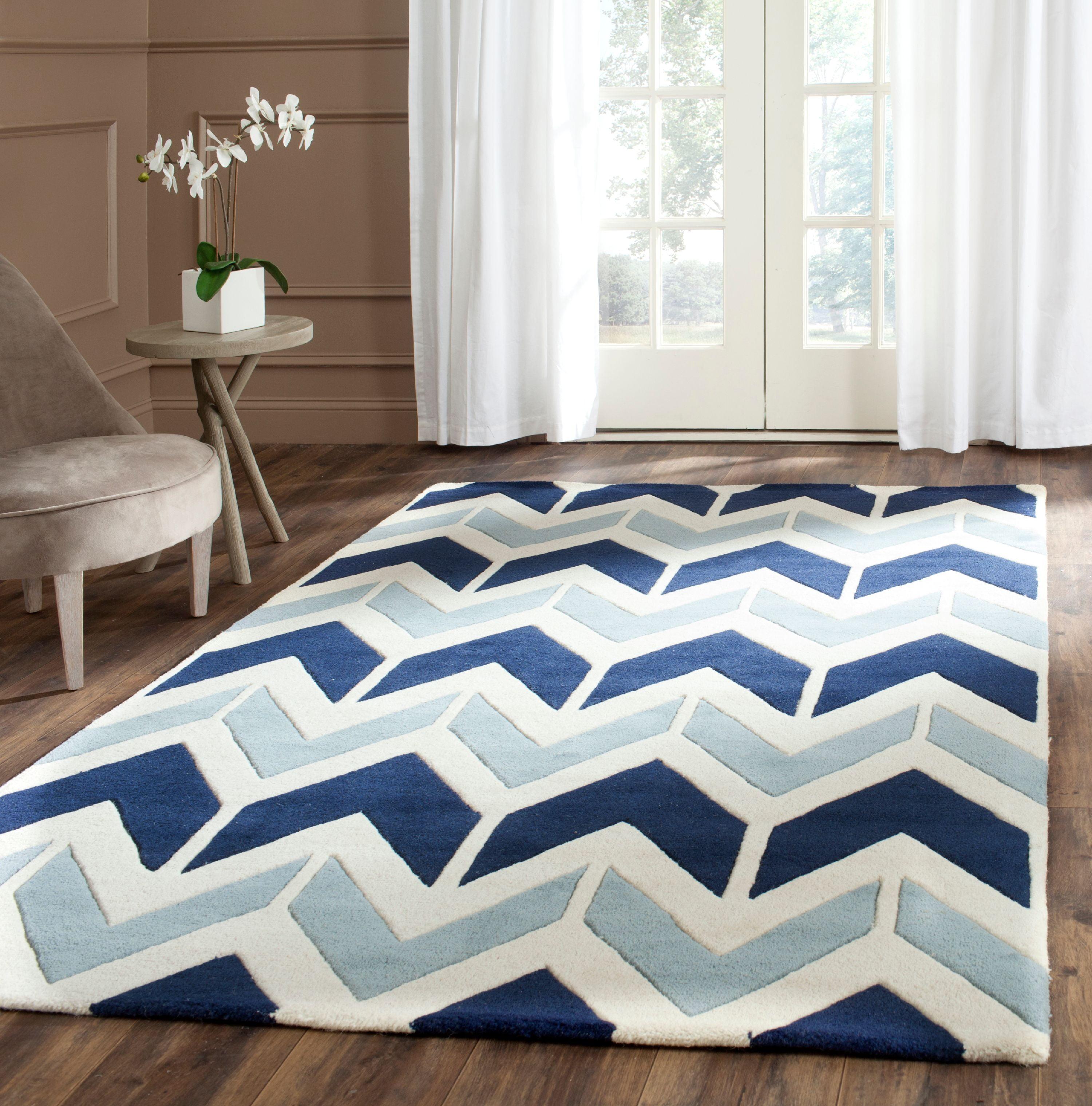 Light Blue and Dark Blue Hand-Tufted Wool Rug, 4' x 6'