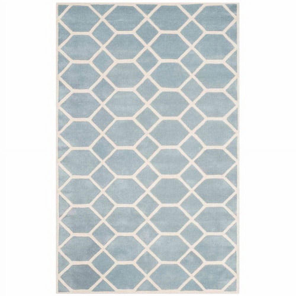 Blue and Ivory Geometric Hand-Tufted Wool Area Rug, 5' x 8'