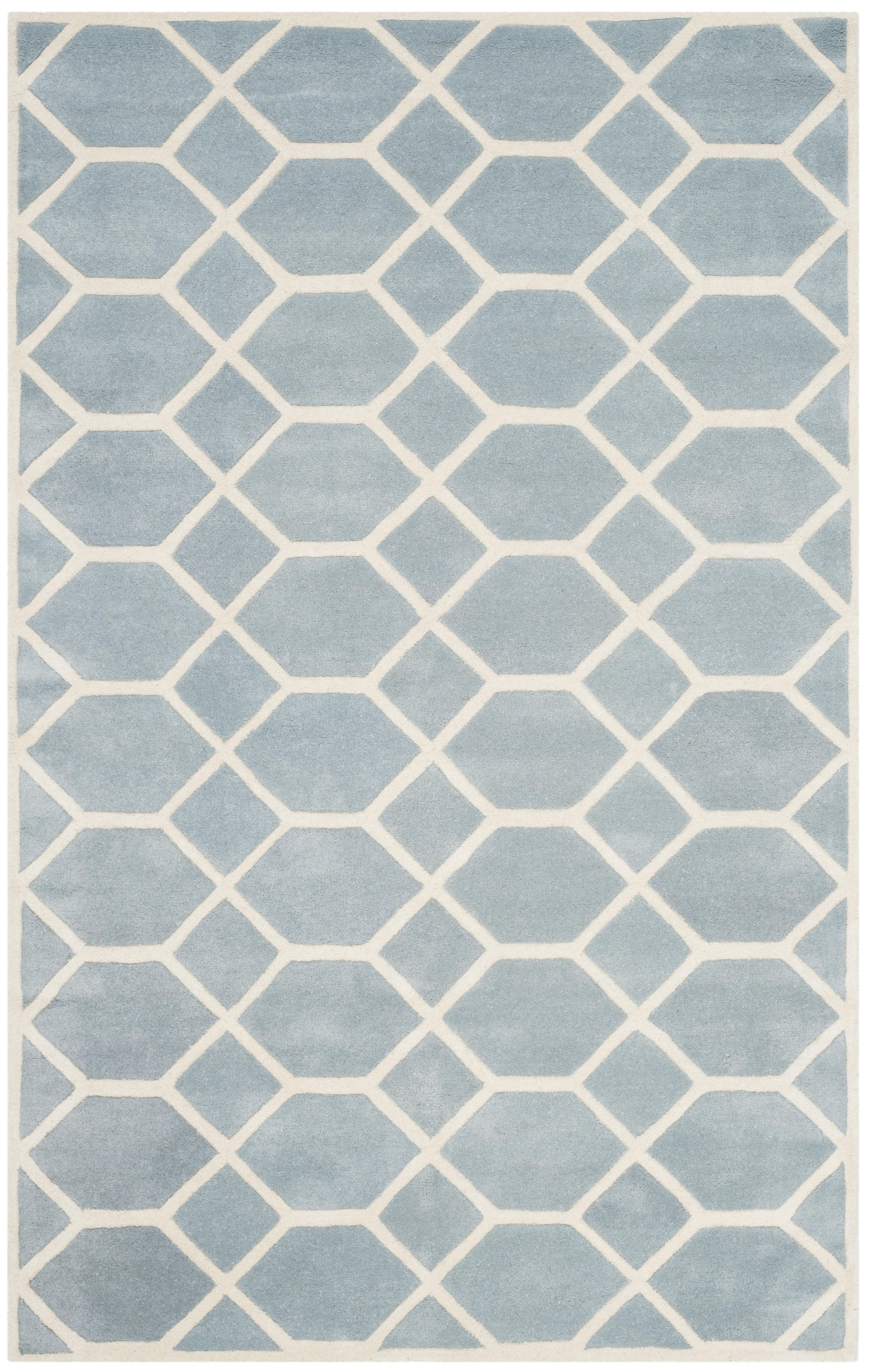 Blue and Ivory Geometric Hand-Tufted Wool Area Rug, 6' x 9'