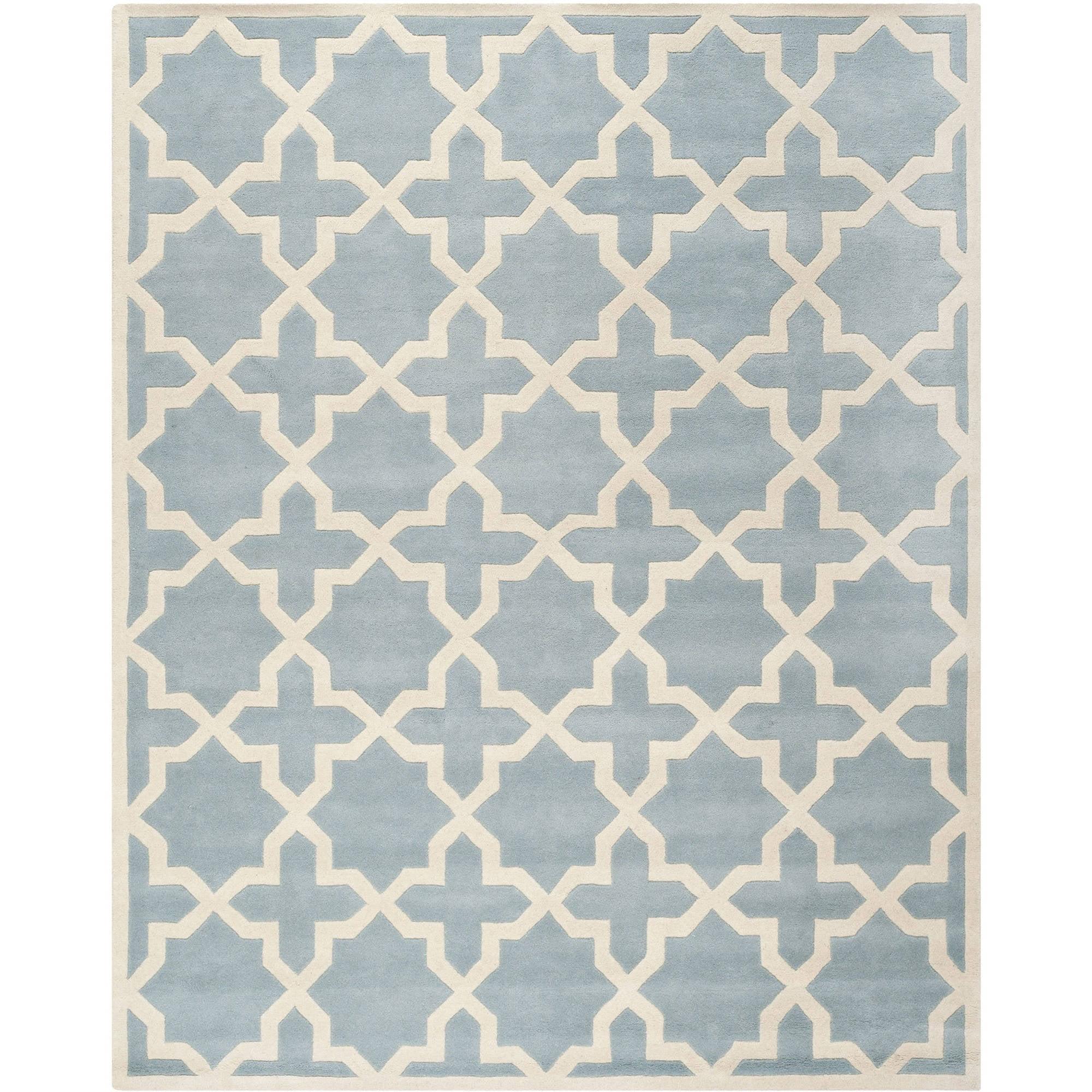 Hand-Tufted Blue and Ivory Wool Geometric Area Rug, 10' x 14'