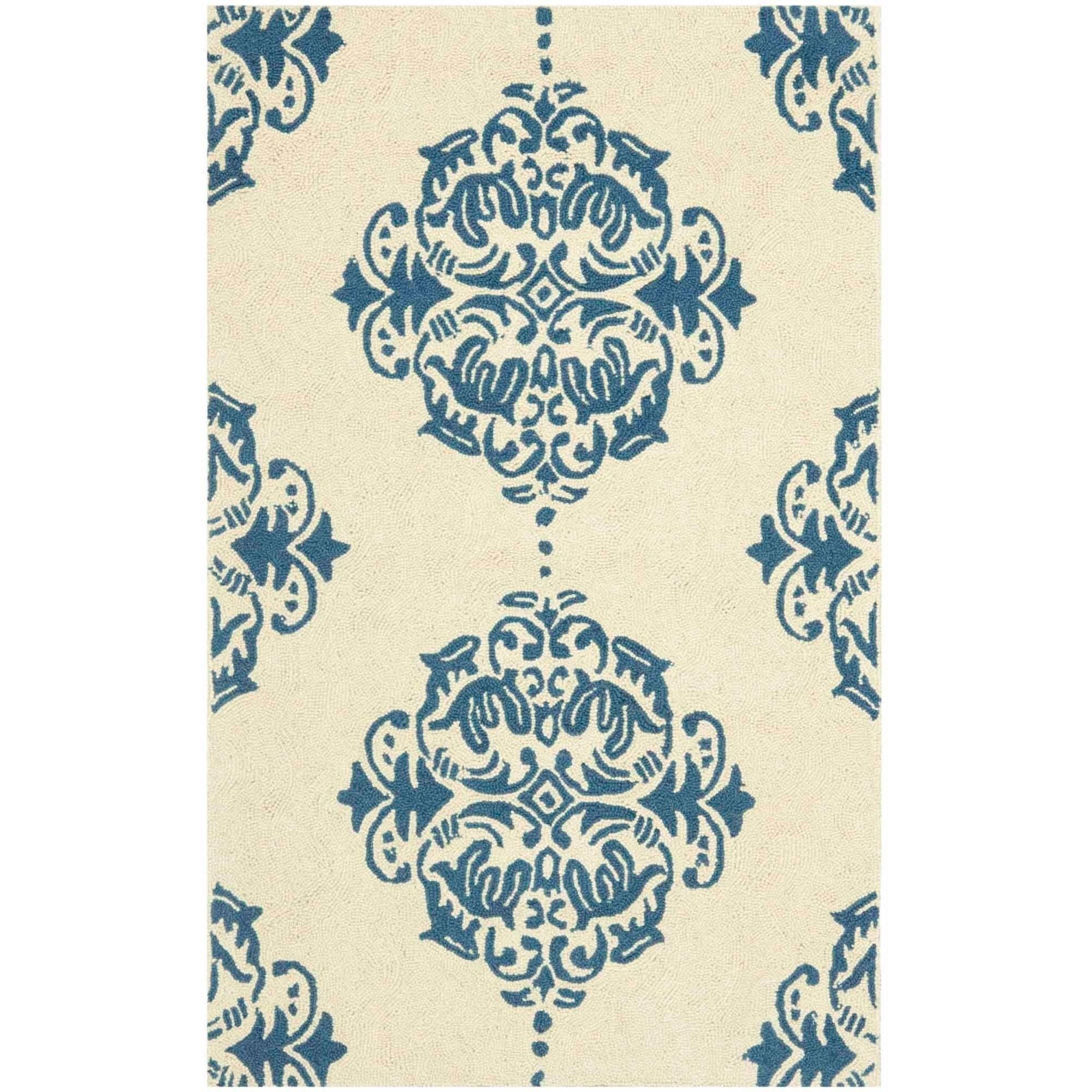 Ivory and Blue Hand-Knotted Wool Medallion Rug, 2' 6" x 4'