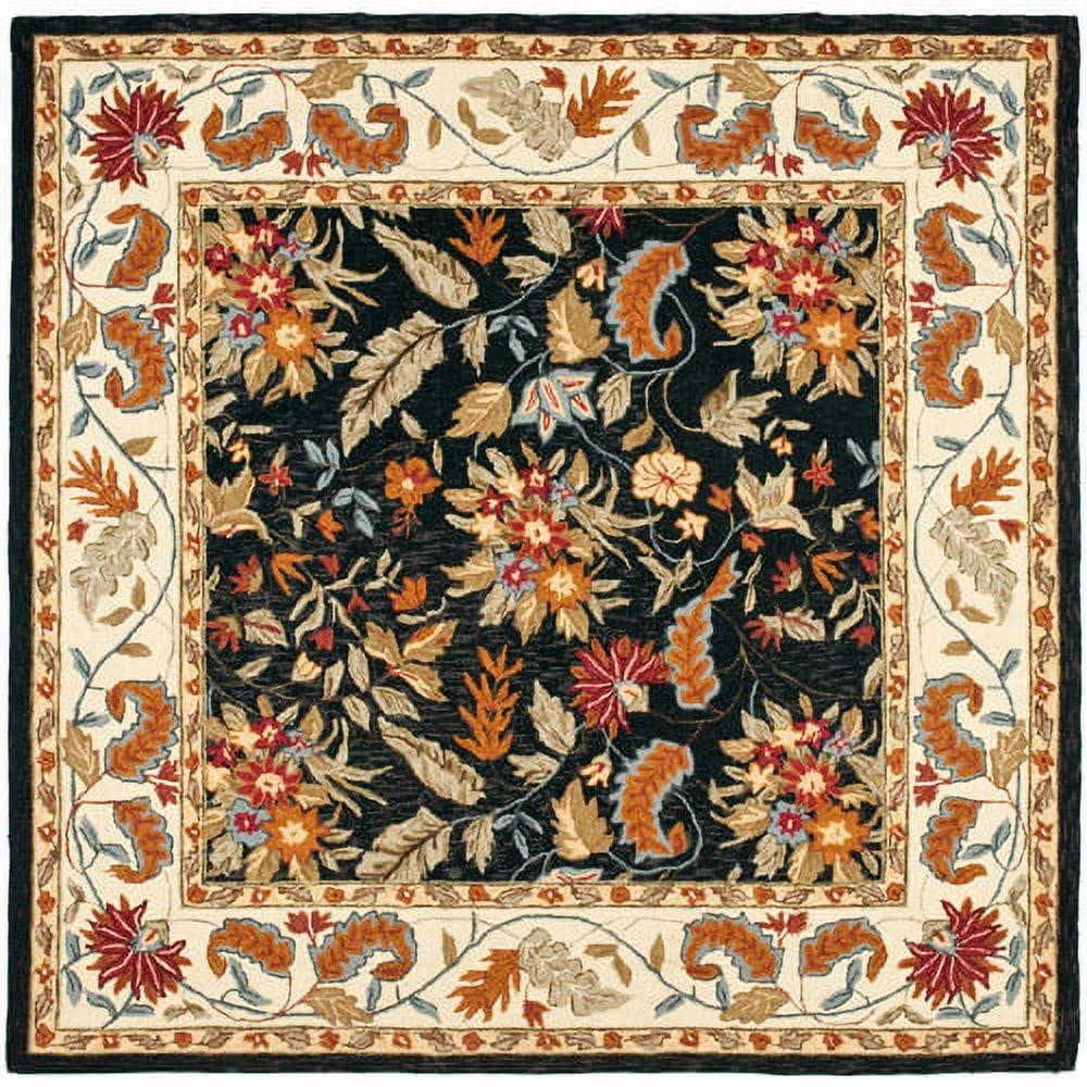 Handmade Black Floral Wool Rectangular Area Rug