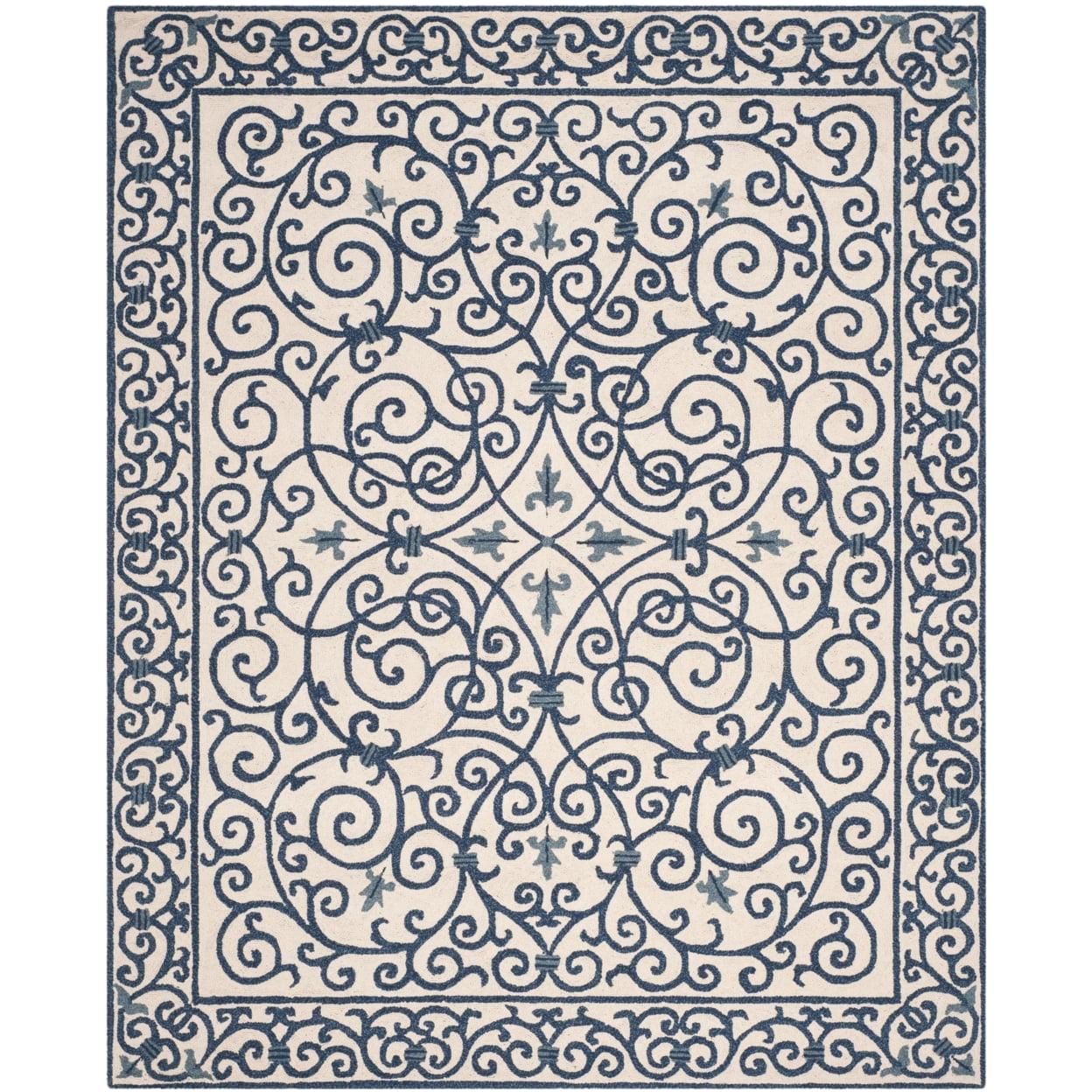 SAFAVIEH Chelsea Aragon Geometric Borders Wool Area Rug, Ivory/Dark Blue, 1'8" x 2'6"