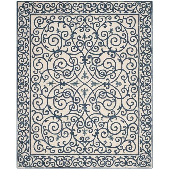 SAFAVIEH Chelsea Aragon Geometric Borders Wool Area Rug, Ivory/Dark Blue, 3' x 3' Round