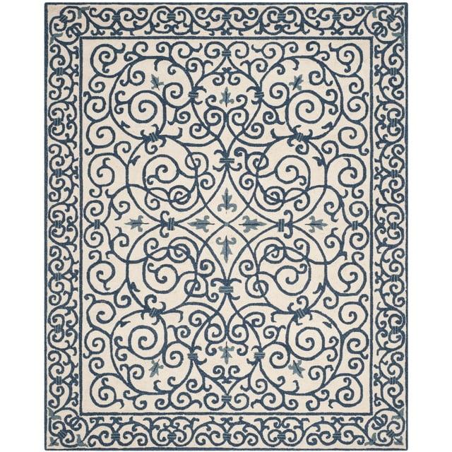 SAFAVIEH Chelsea Aragon Geometric Borders Wool Area Rug, Ivory/Dark Blue, 3' x 3' Round