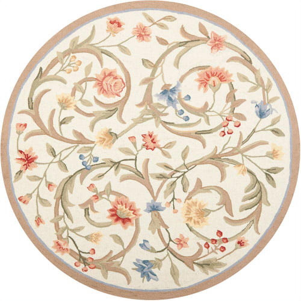 Handmade Ivory Floral Round Wool Rug, 8' x 8'