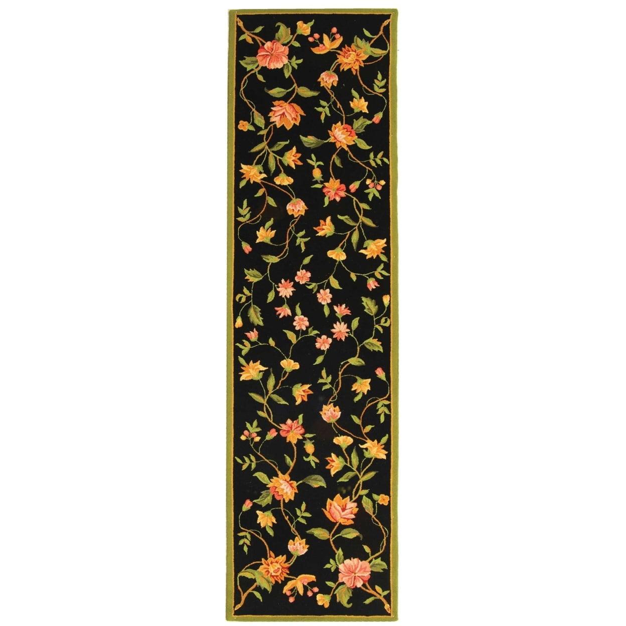 Chelsea Black Floral Hand-Knotted Wool Runner Rug