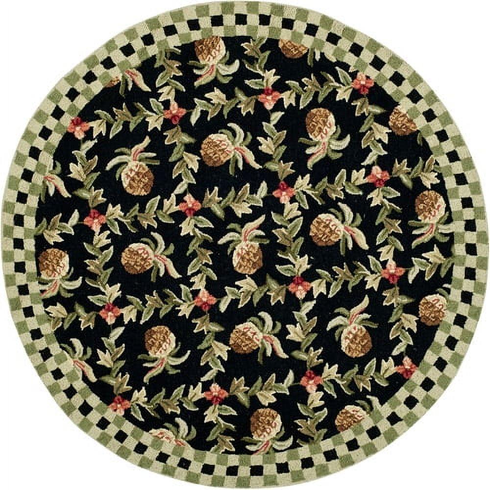 Handmade Ivory and Black Floral Wool Round Area Rug