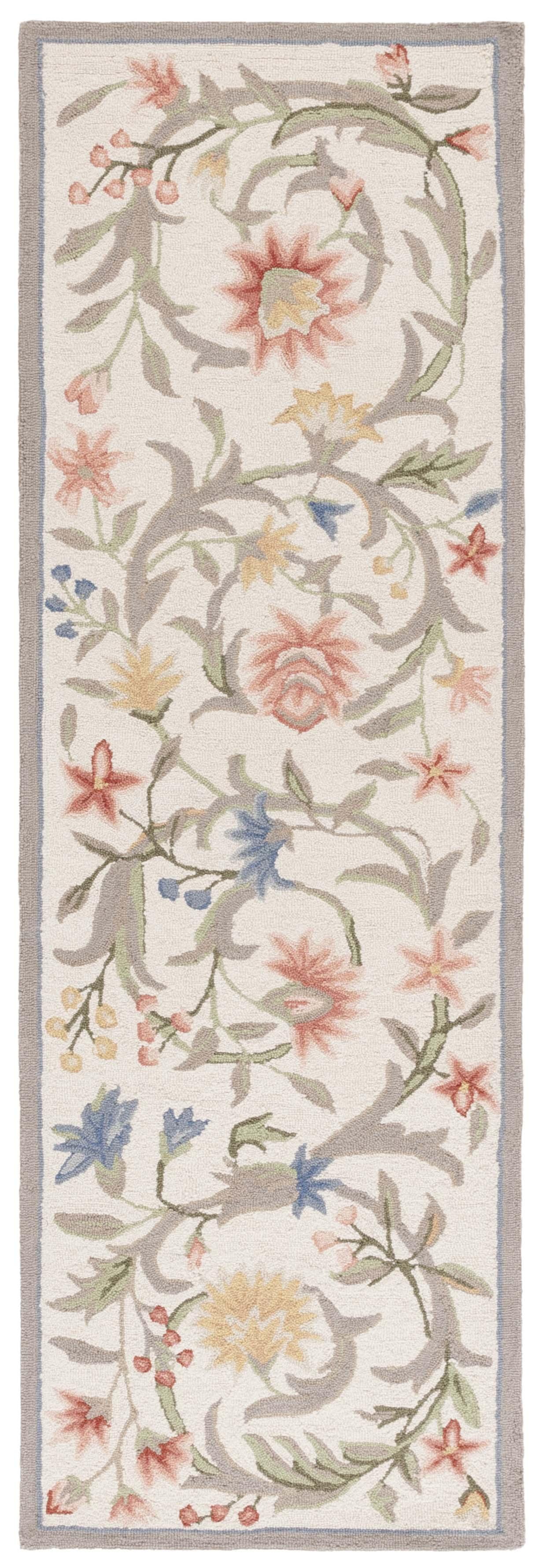 Ivory Floral Hand-Knotted Wool Runner Rug