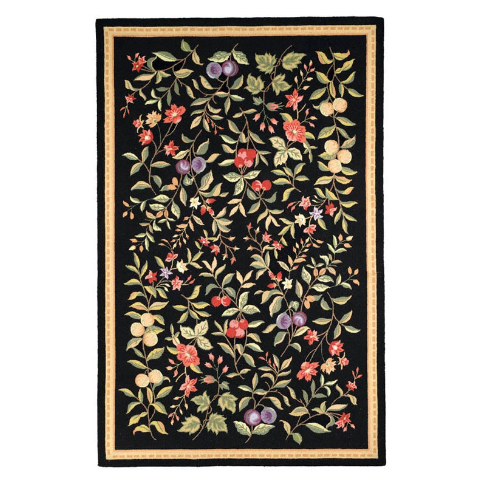 Handmade Black Floral Wool Rectangular Rug