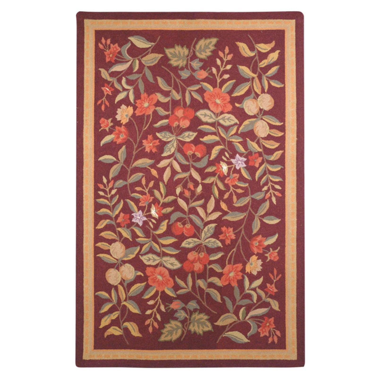 Burgundy Floral Handmade Wool 6' x 9' Area Rug