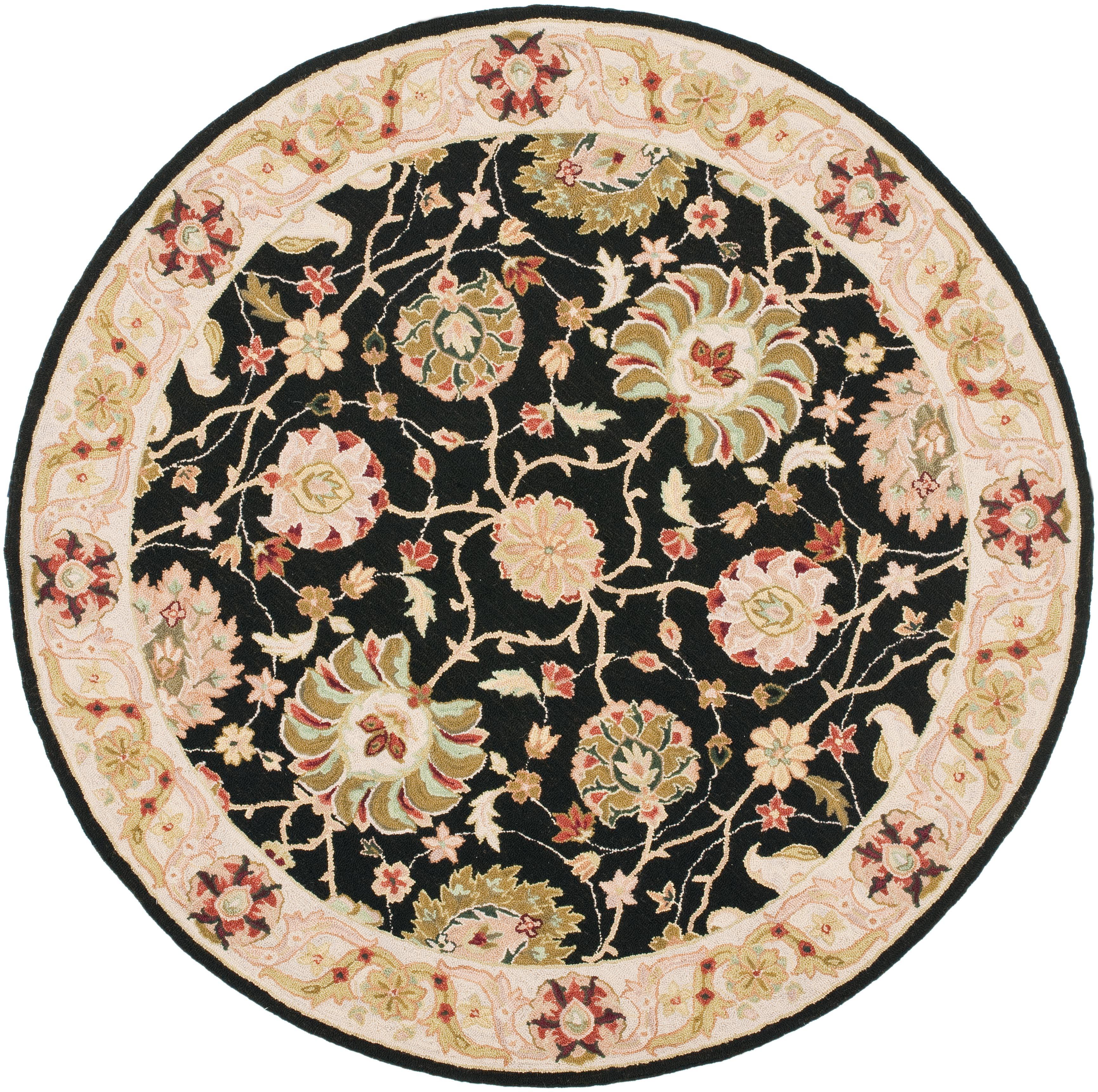 Handmade Black Floral Wool and Cotton Round Area Rug