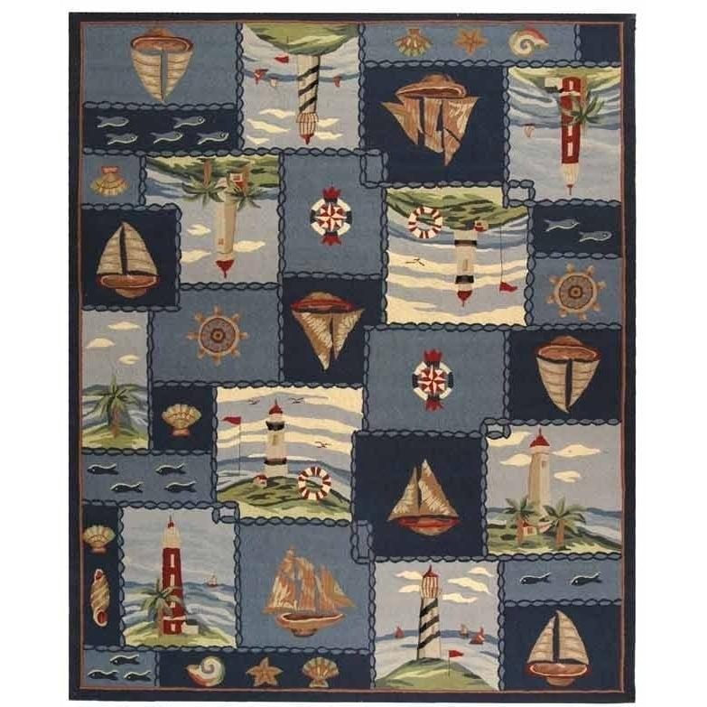 Blue Nautical Hand-Hooked Wool Area Rug, 3'9" x 5'9"