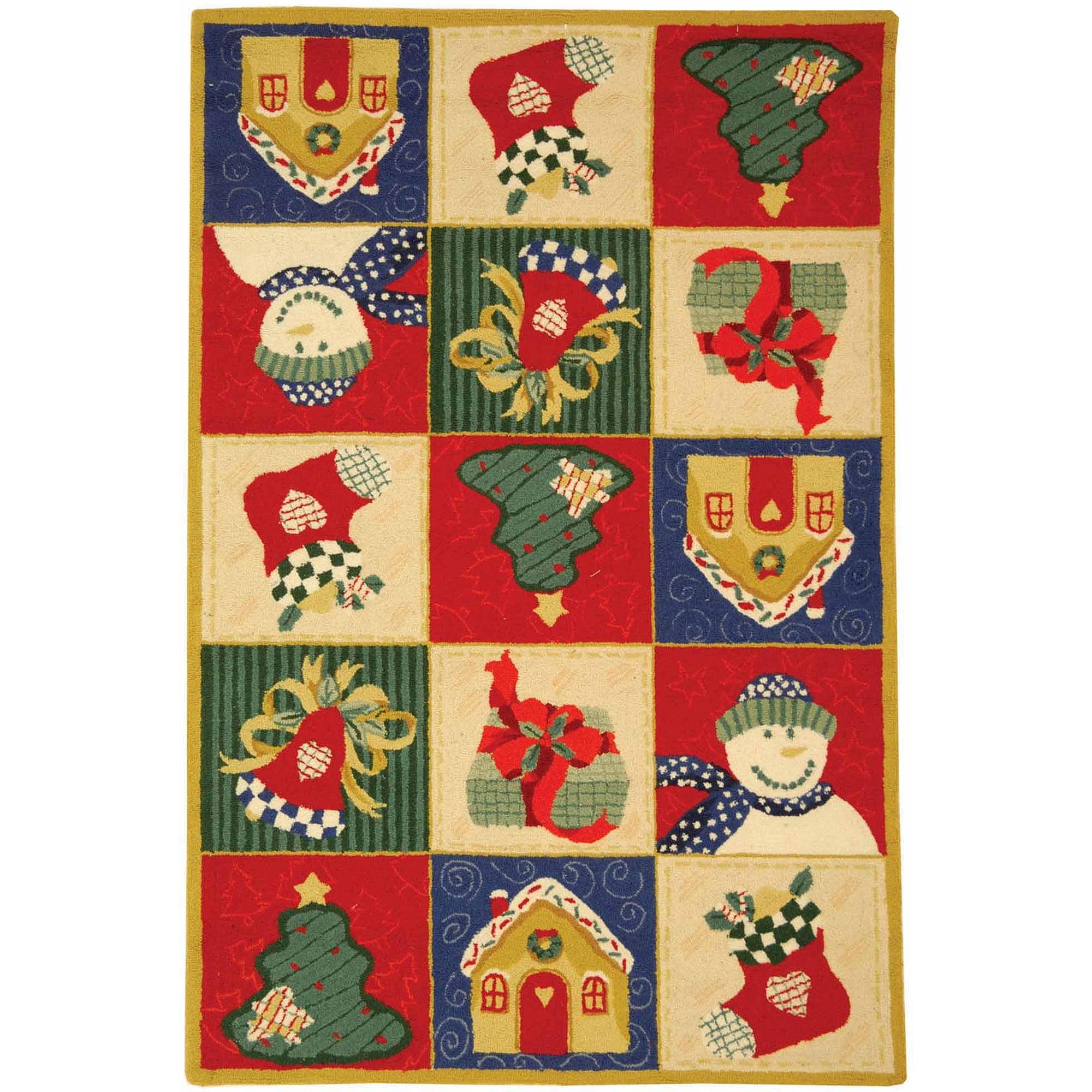 Multicolor Hand-Hooked Wool Christmas Runner Rug