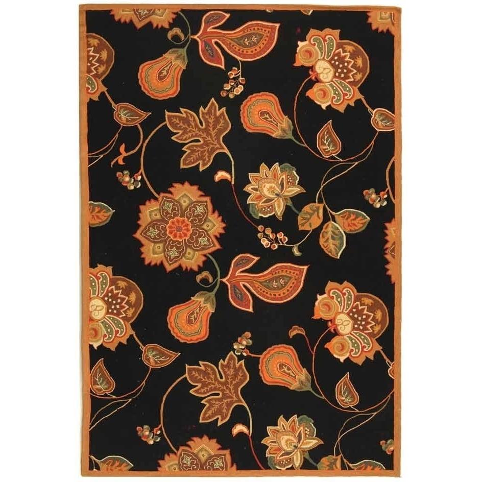 Hand-Knotted Black Floral Wool Rectangular Rug