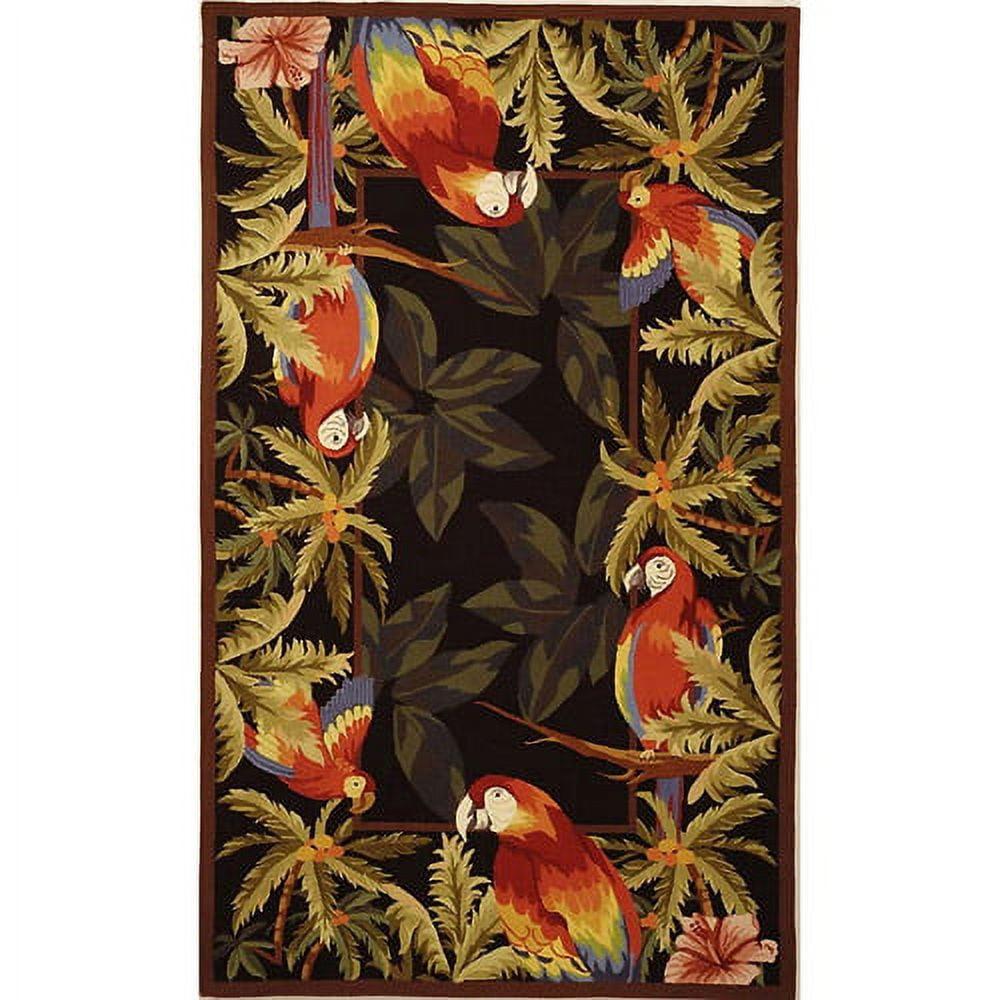 Handmade Black Wool Floral Parrot Area Rug 5'3" x 8'3"