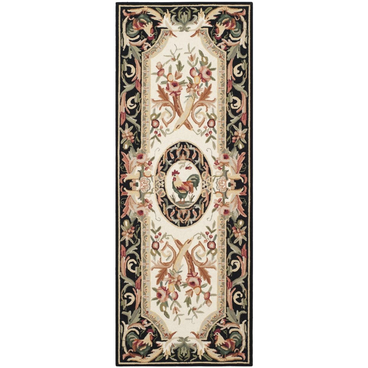 Ivory and Black Floral Wool Hand-Hooked Area Rug