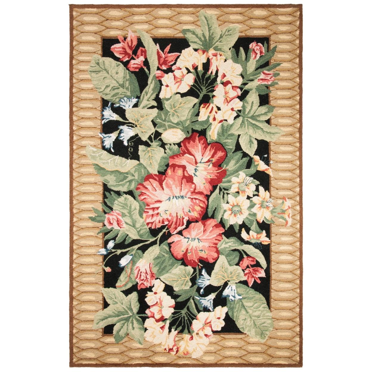 Handmade Black Floral Wool Rectangular Area Rug