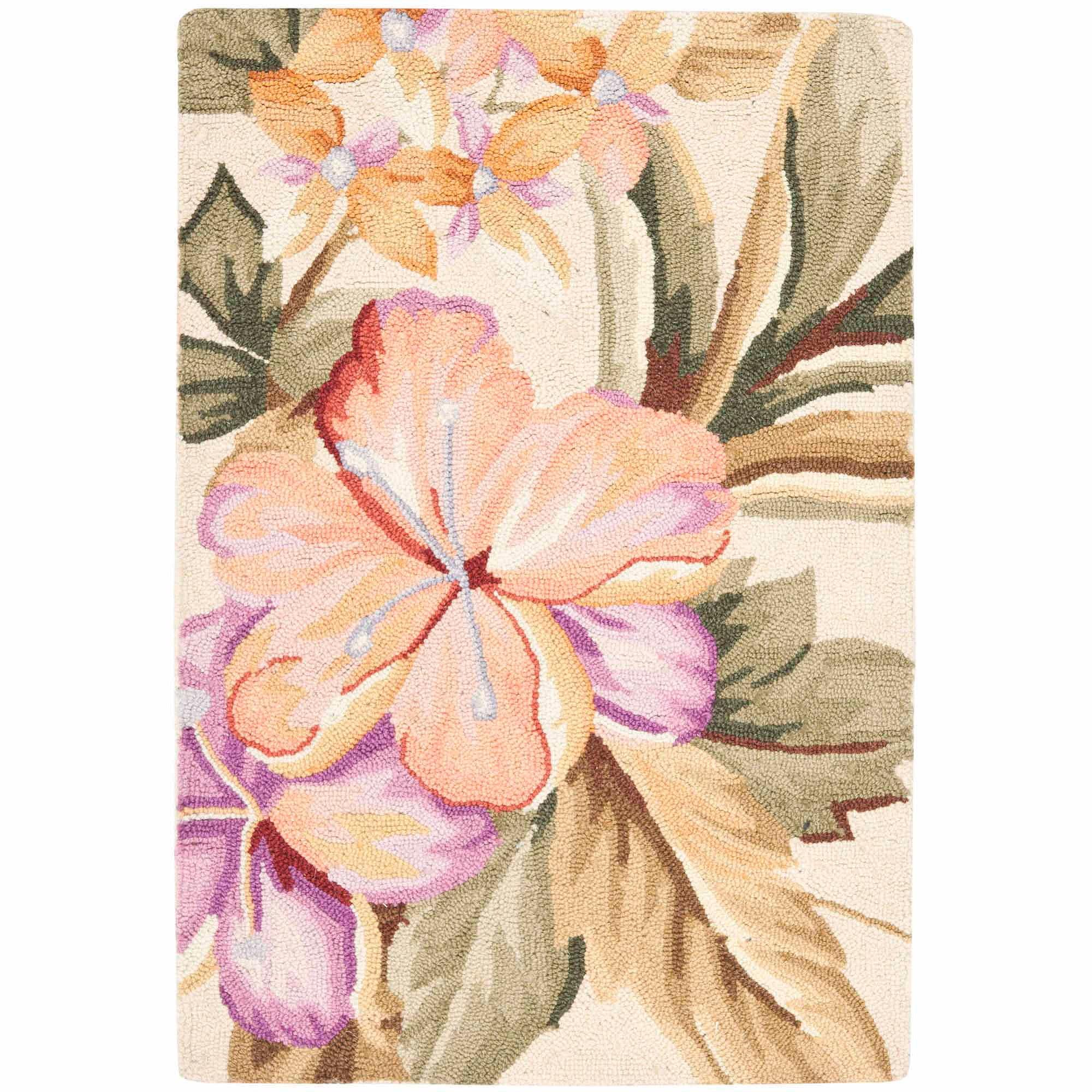 Ivory Floral Hand Hooked Wool Area Rug, 12' x 15'