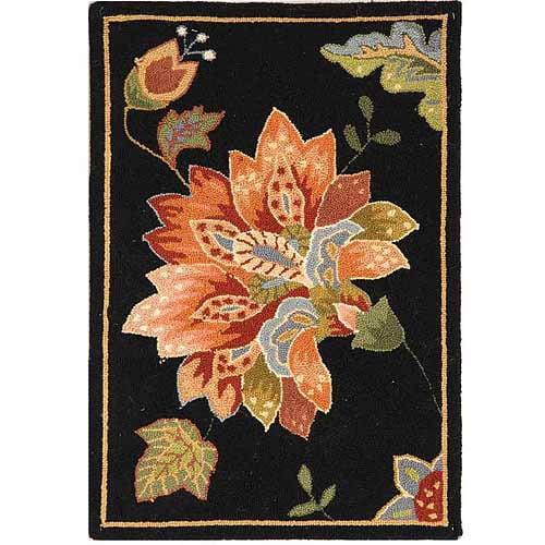 Handmade Black Floral Wool Area Rug 30"L x 20"W