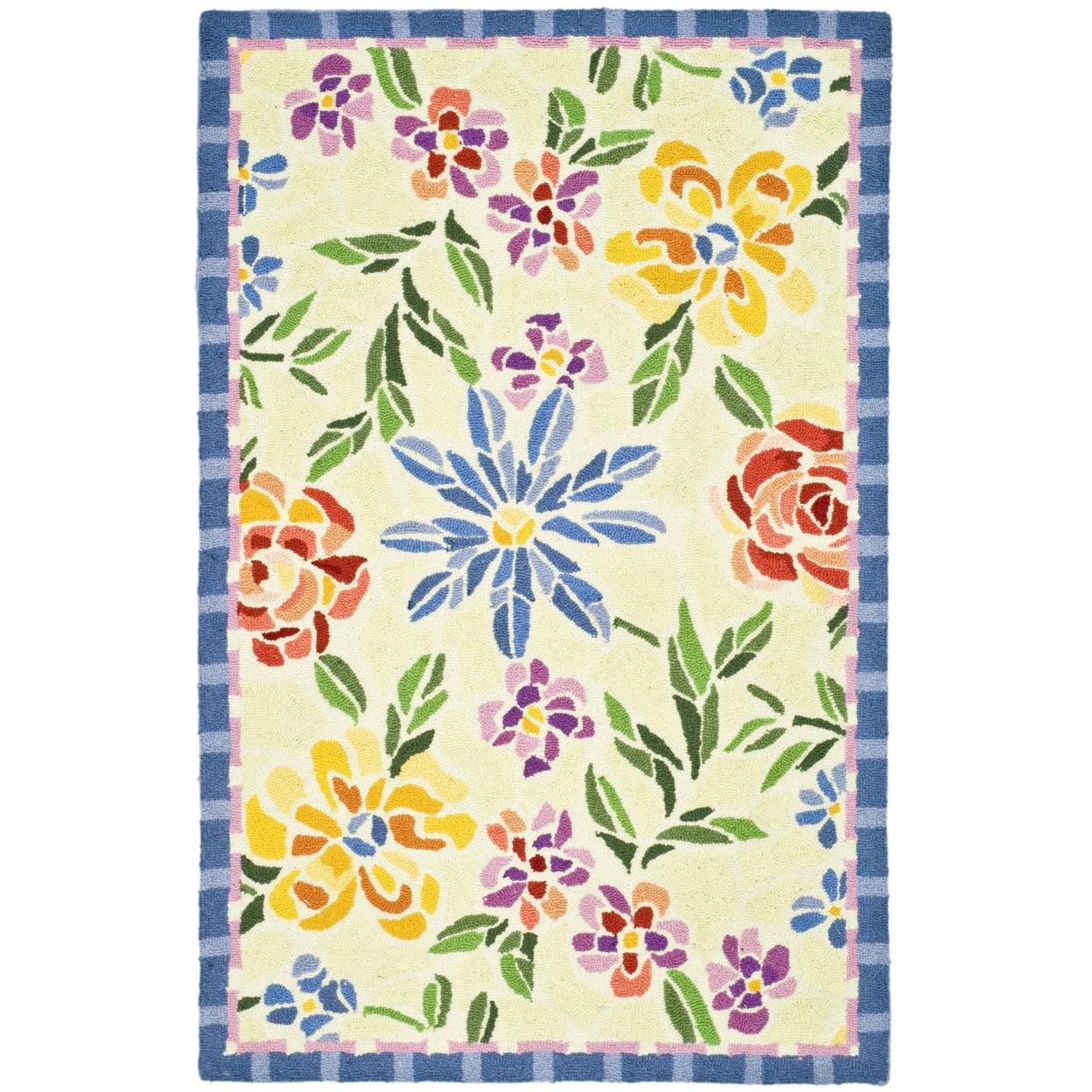 Ivory Floral Hand-Hooked Wool Area Rug 2'6" x 4'