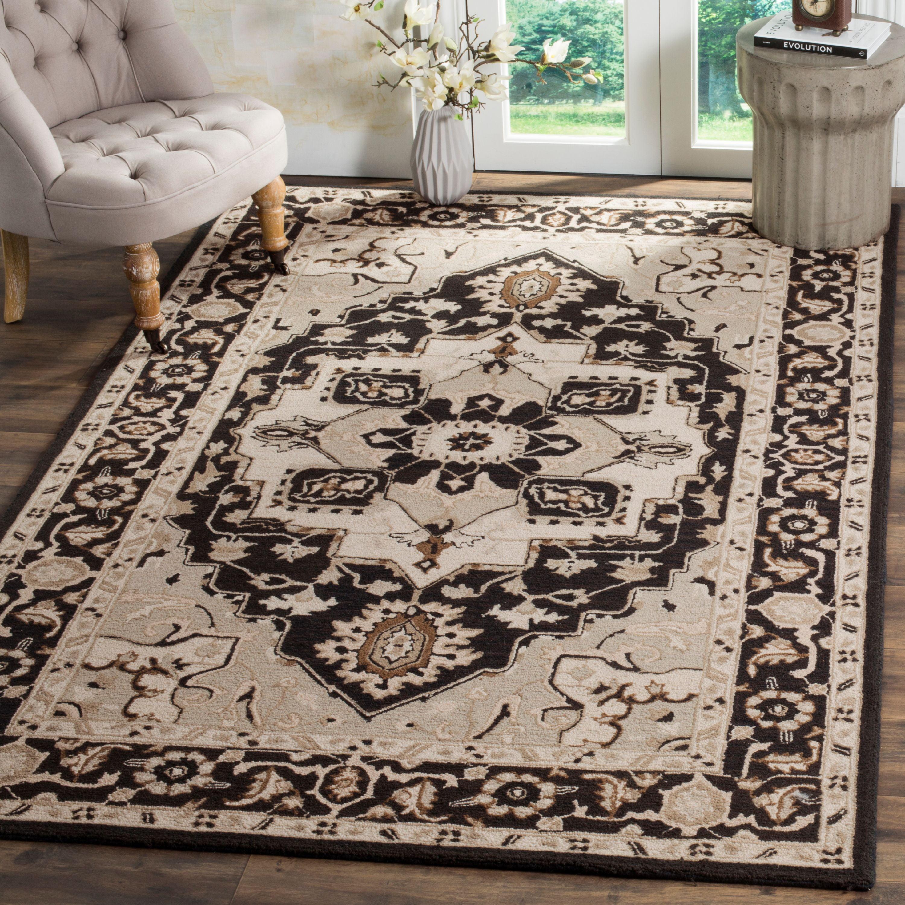 Chelsea Black and Natural Floral Wool Round Area Rug