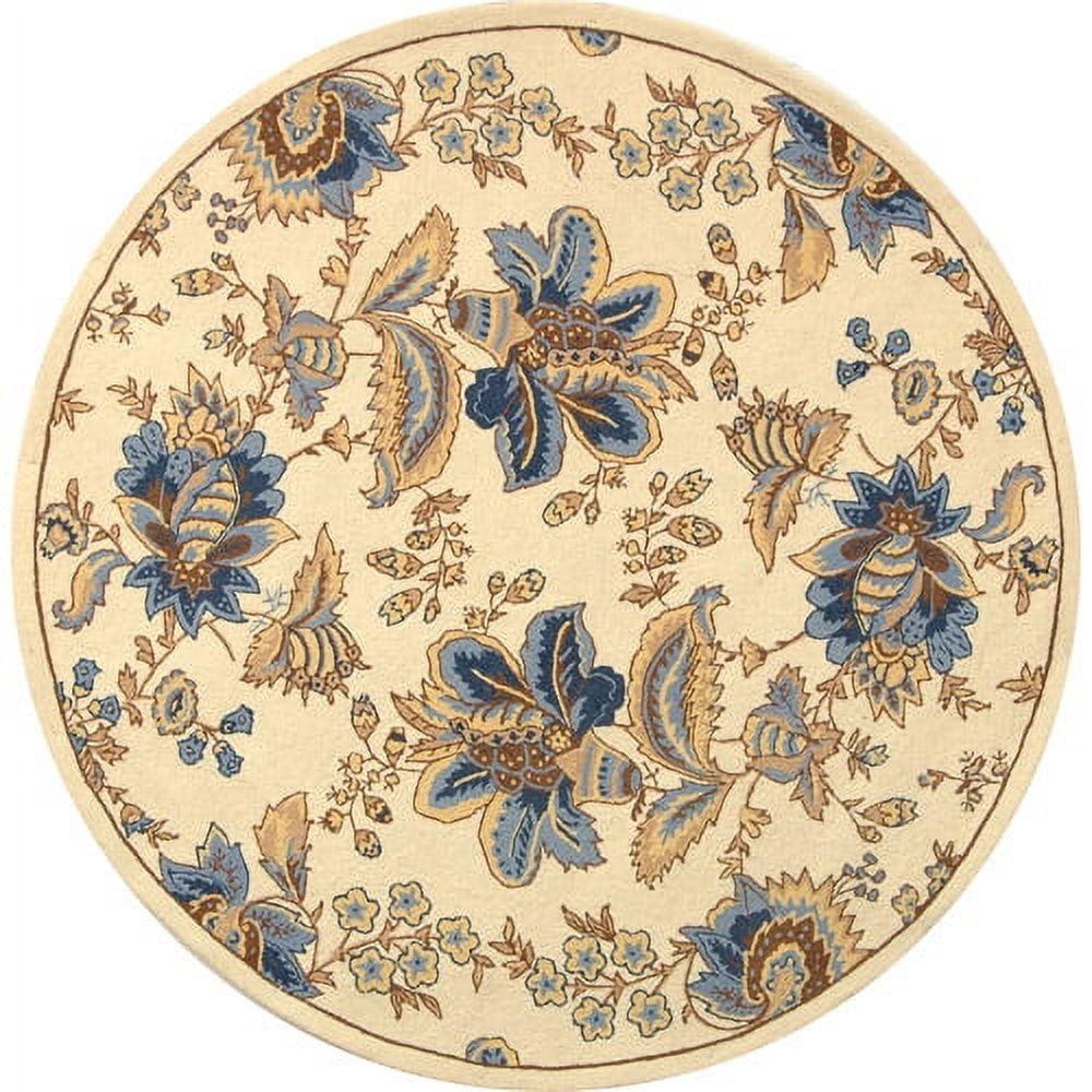 Ivory Floral Round Handmade Wool Area Rug, 3' x 3'