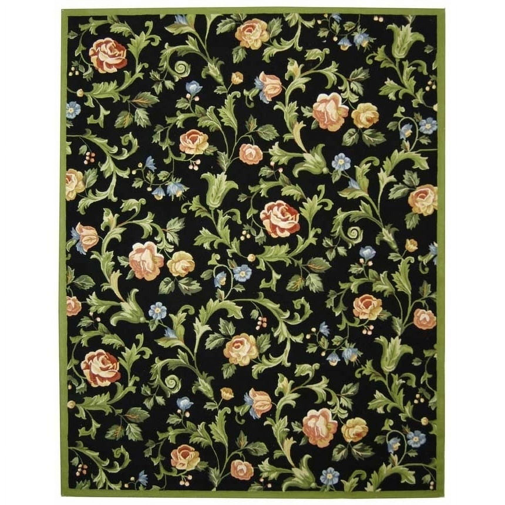 Black Floral Hand-Knotted Wool Area Rug, 3'9" x 5'9"