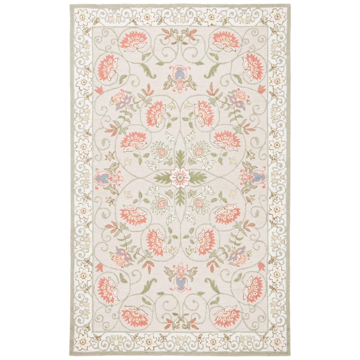 Beige and Green Hand-Hooked Wool Floral Area Rug