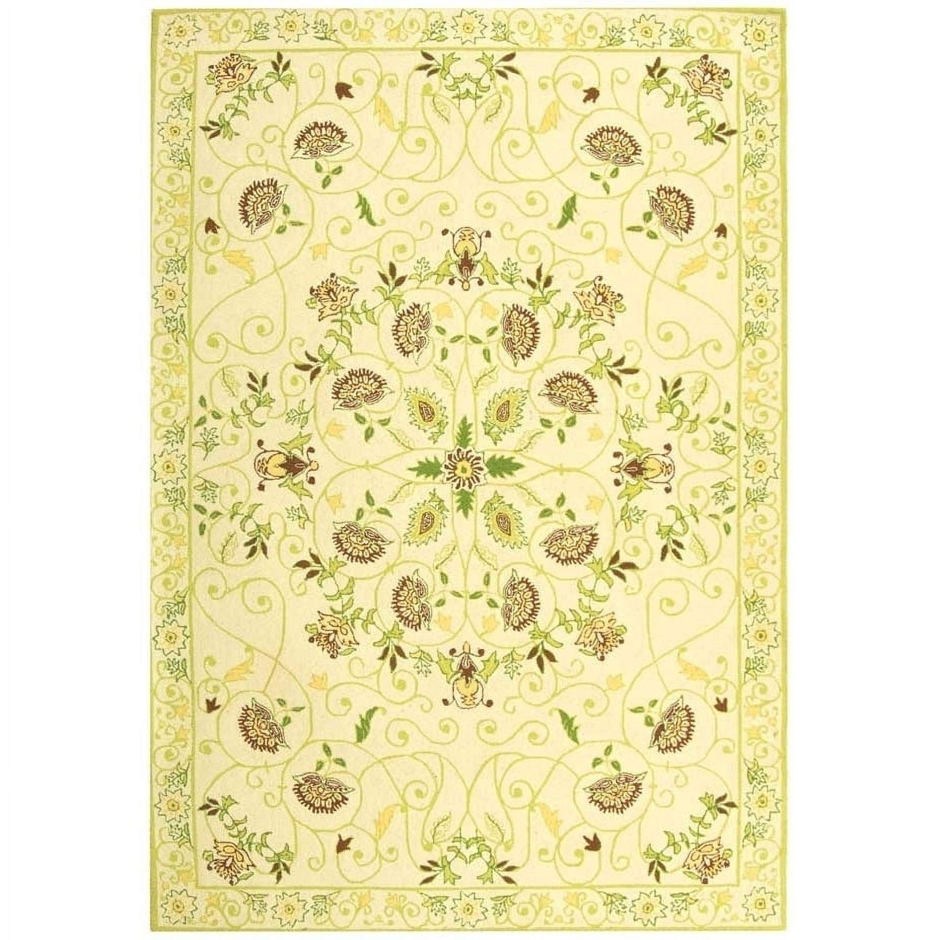 Ivory and Green Floral Wool Hooked Area Rug, 6' x 9'