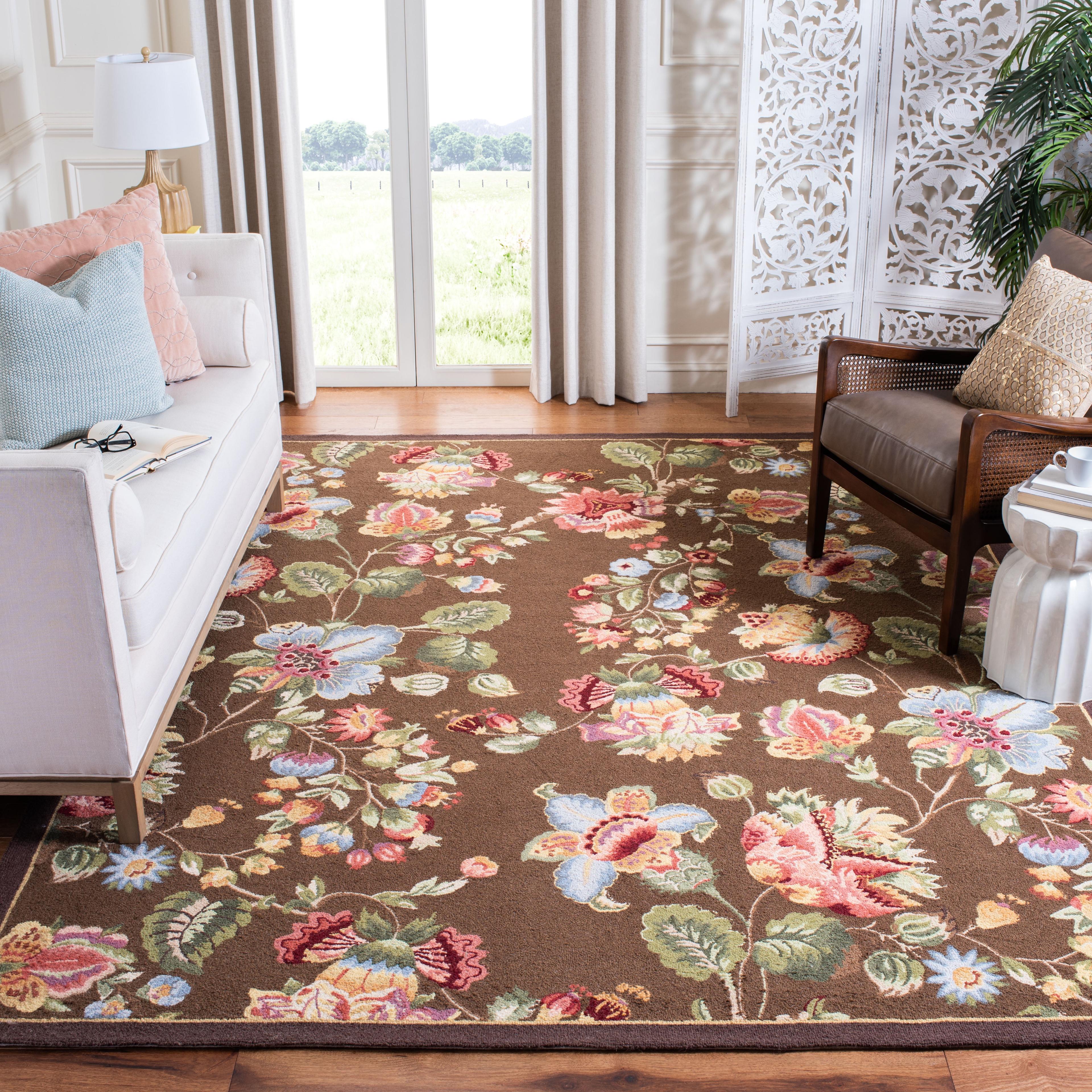 Hand-Knotted Floral Brown Wool Rectangular Area Rug - 8'9" x 11'9"