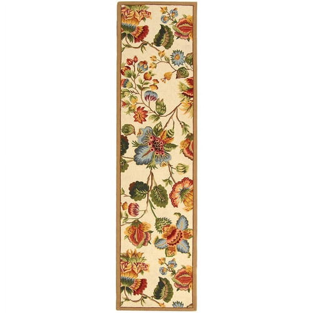 Ivory Floral Wool Runner Rug with Hand-Hooked Design, 2'6" x 8'