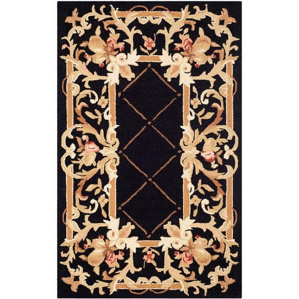 Handmade Black Floral Wool Hooked Runner Rug