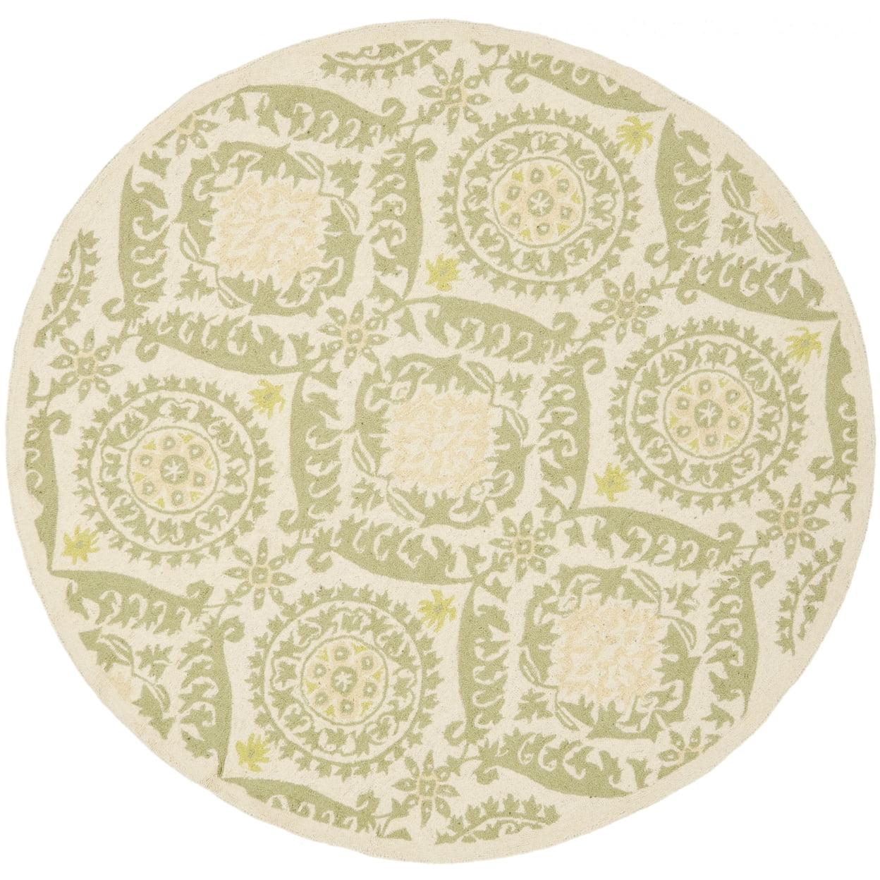 Ivory and Green Floral Wool Hooked Round Rug