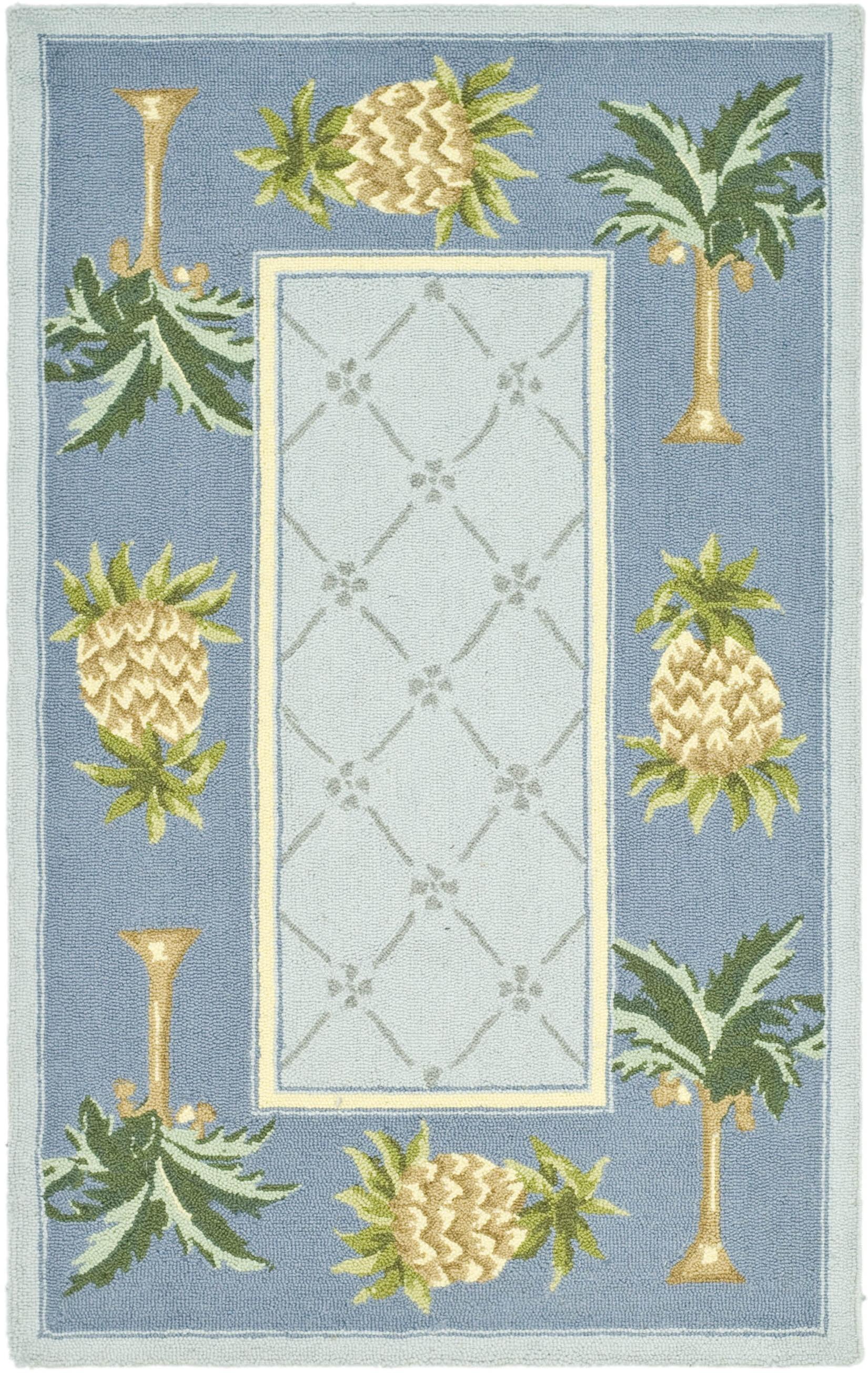 Handmade Light Blue Wool Area Rug with Palm Tree Pattern